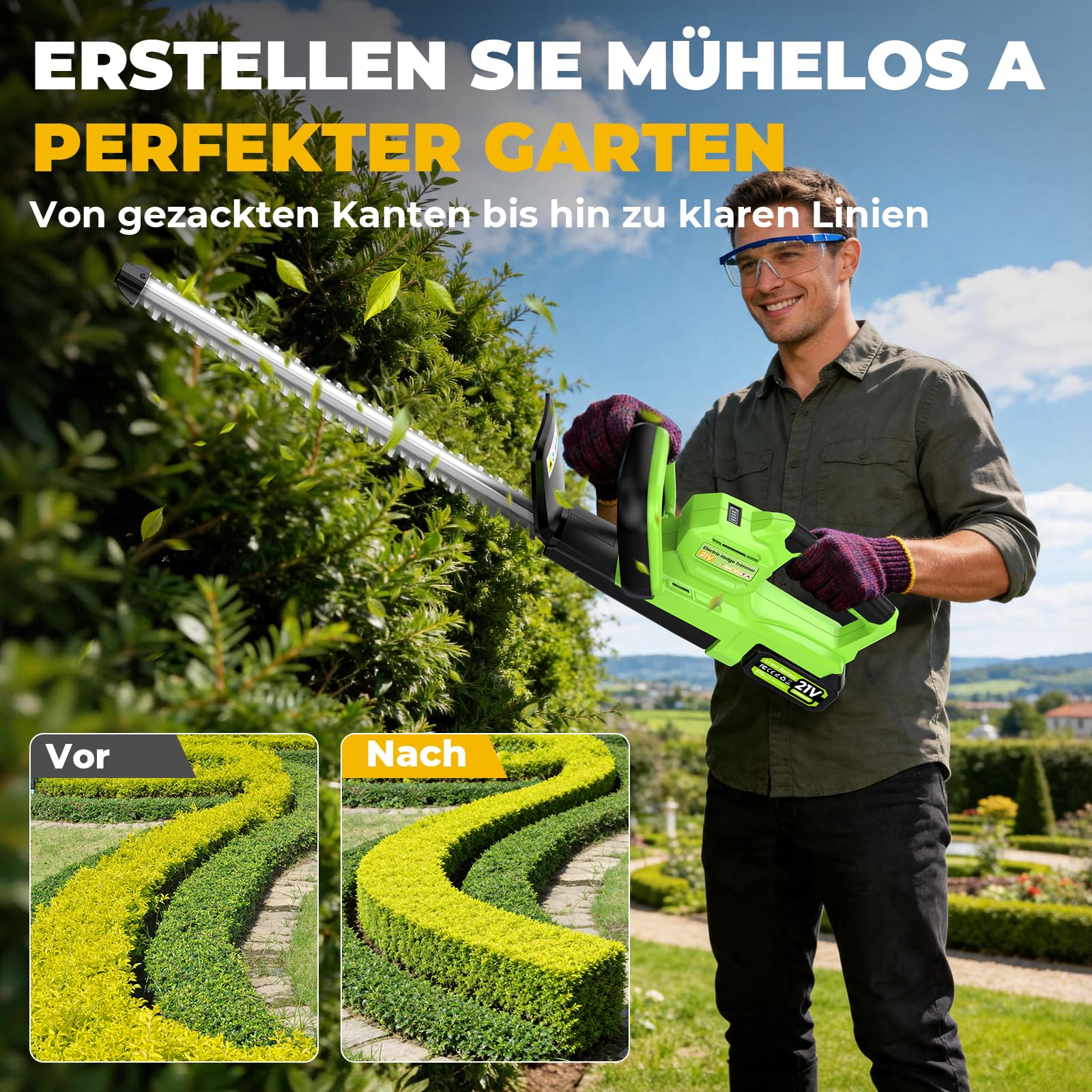 Heckenschere Akku, 50cm Elektrische Heckenschere für Makita Akkus, 800W Heckenschere mit 2 * 4000mAh Akku & Ladegerät, 16 mm Zahnabstand Dual Schnittklingen, Leicht für Garten, Hecken, Sträucher