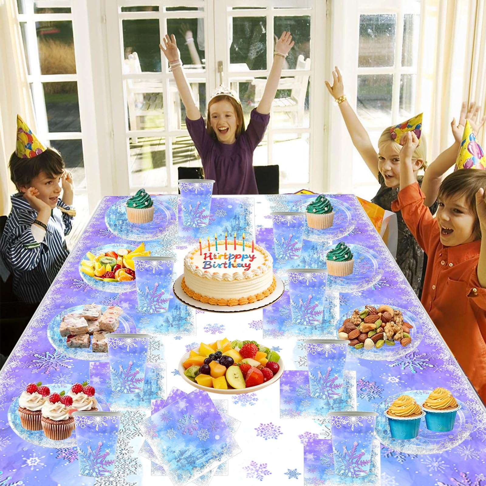 Frozen Stoviglie per feste, 61 pezzi Fiocchi di neve Stoviglie per compleanni per bambini, Tema neve e ghiaccio Set di piatti di carta per feste, Compresi bicchieri, tovaglioli e tovaglie