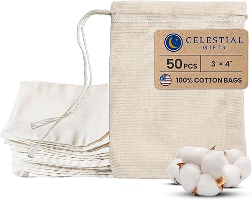 Miniatura 1 de Celestial Gifts Bolsas de muselina con cordón, 50 unidades, 3 x 4, 100% algodón, fabricadas en Estados Unidos, bolsas de lona a granel, pequeñas