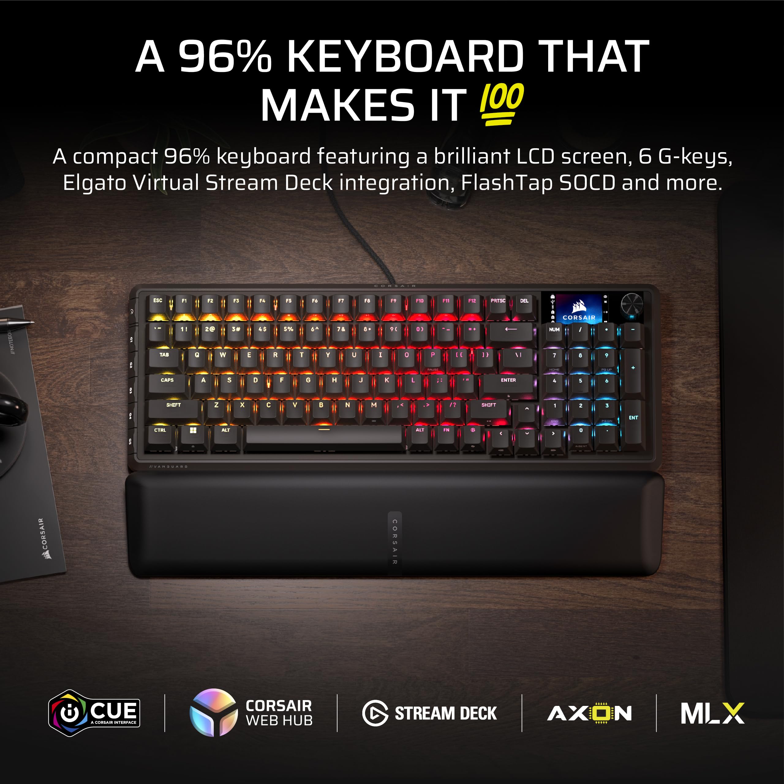 CORSAIR Vanguard 96 Wired Mechanical RGB Gaming Keyboard – QWERTY US, 96% Layout, MLX Quantum Linear Switches, 8000Hz Hyper-Polling, Virtual Stream Deck, SOCD Flashtap – Black - 3