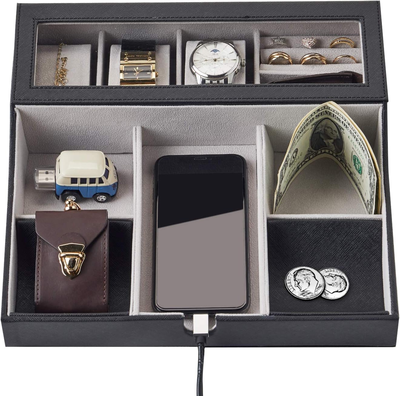 NEATOPA PU Leather Valet Tray for Perfect Life with Charging Station (10 Compartment)
