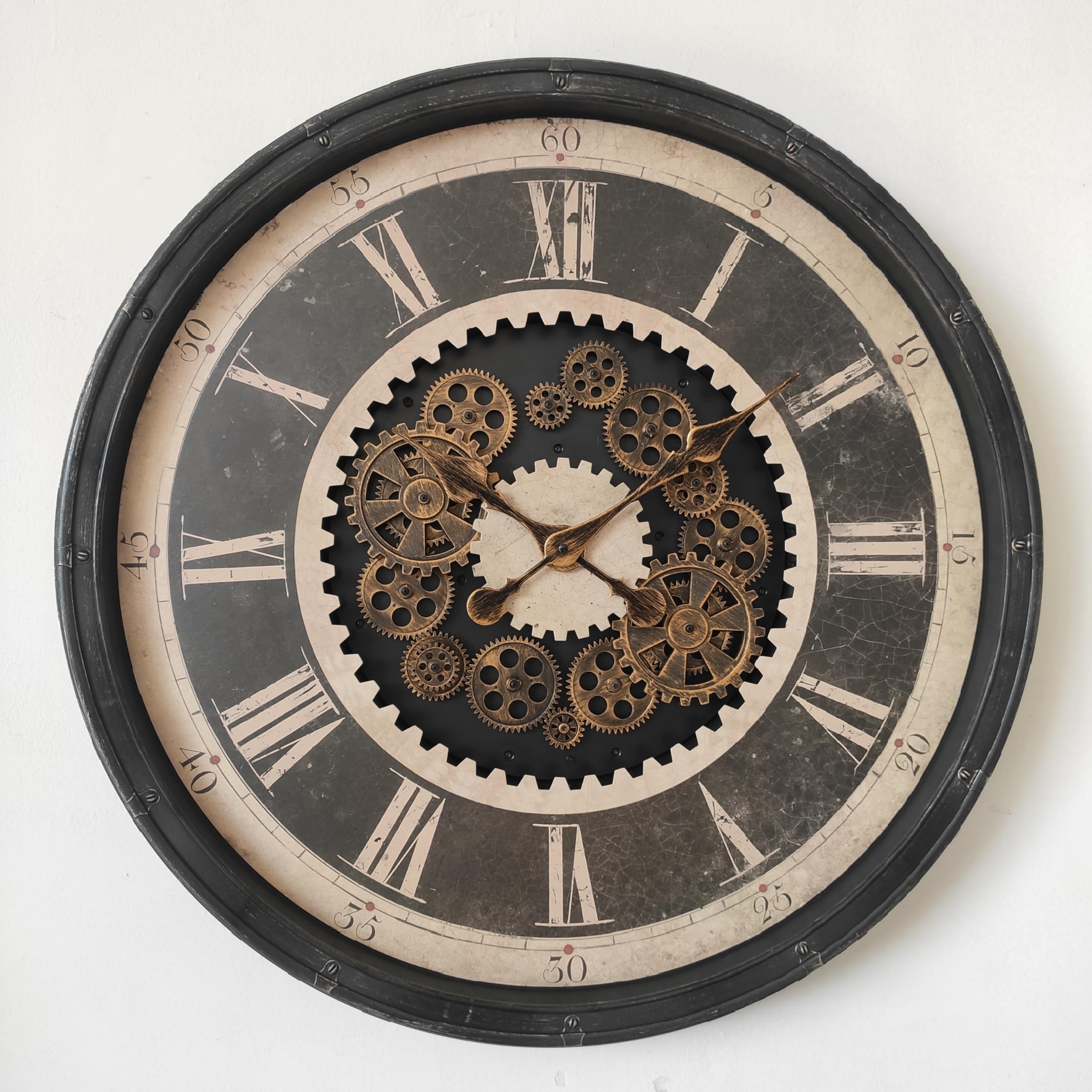 HomeTronixExtra-Large 76cm Wall Clock: Vintage Moving Gears - Antique Grey Finish, Classic Roman Numerals - Built to Last, Adds Sophistication to Any Space – Bedroom, Living Room, Kitchen or Lounge