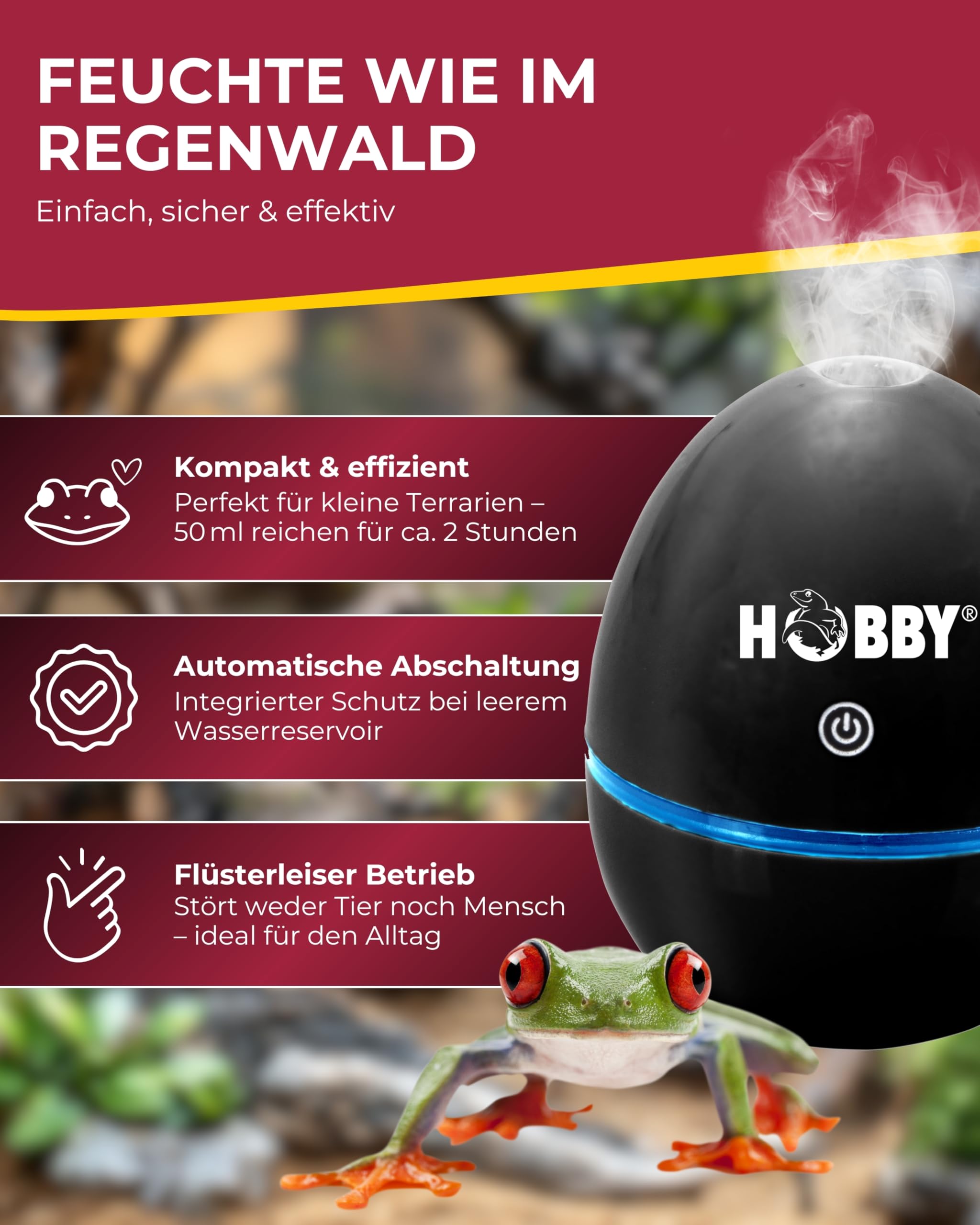 HOBBY Terraristik Foggy I Ultraschall-Nebler für Terrarien I hygienisch und wartungsfreundlich I Terrarium Luftbefeuchter I effiziente Benebelungsanlage mit 50 ml Vorratswasserbehälter