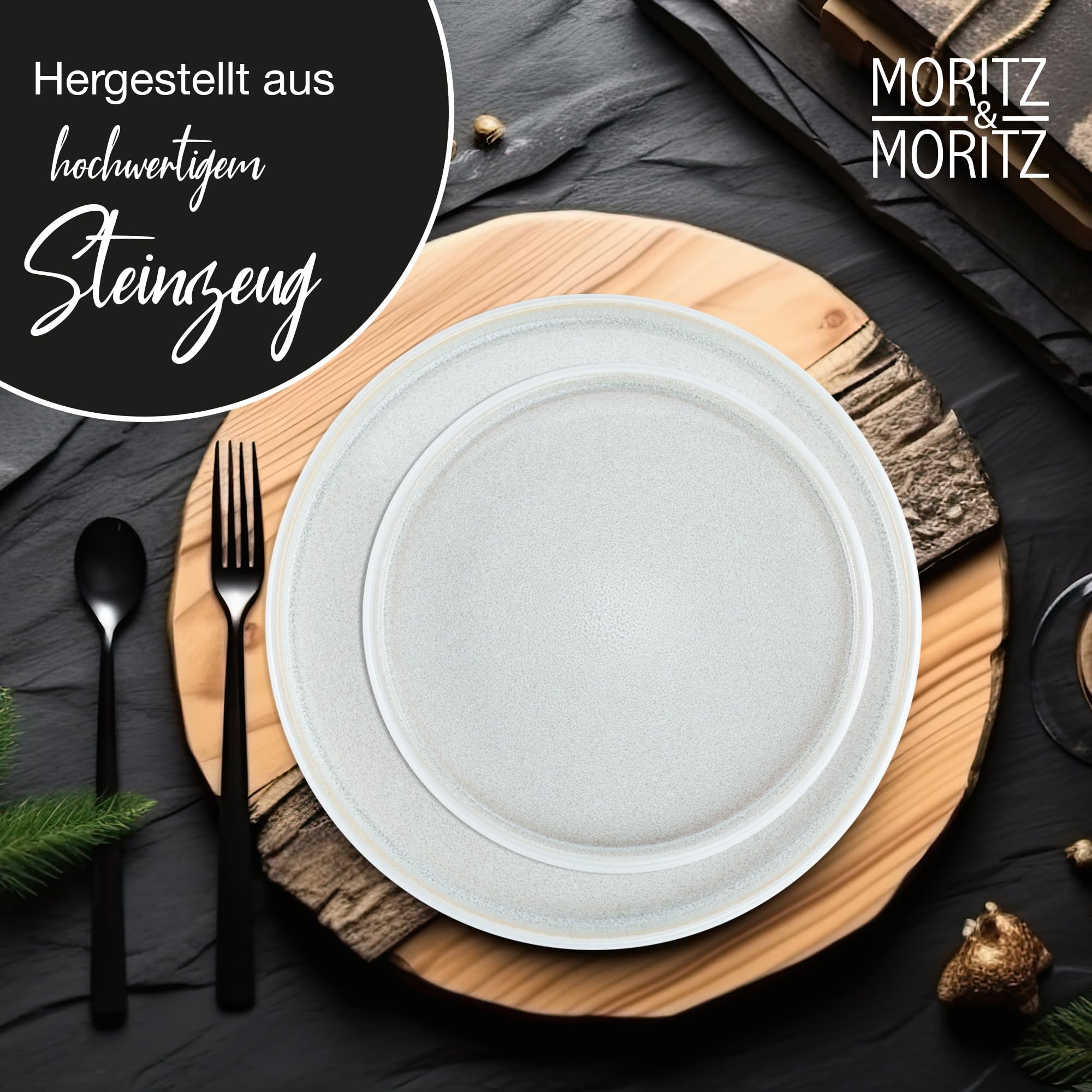 Moritz & Moritz SOLID UNI Geschirrset 6 Personen Creme 18-teilig - Modernes Steinzeug Geschirr Set - Mikrowellen- & Spülmaschinenfest, Essgeschirr, Tafelservice, Kombiservice 6 Personen