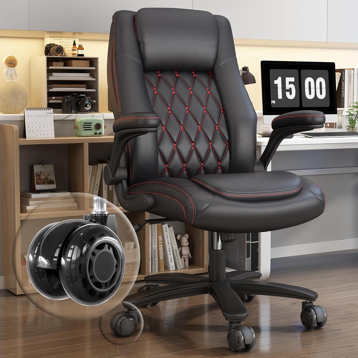 GYI Office Chair, Ergonomic Computer Desk Chair, Leather Executive Office Chair with High Back, Lumbar Support, Flip-up Arms, Wide and Thick Padded Seat, Heavy Duty Base, Rubber Wheels, Black