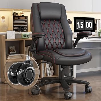 GYI High Back Executive Office Desk Chair, Leather Computer Chair, Black | 2.6"Rubber Wheels, Flip-up Arms, Heavy Duty Base, Thick Padded Seat, Lumbar Support, Home, Conference Rooms, Reception Areas