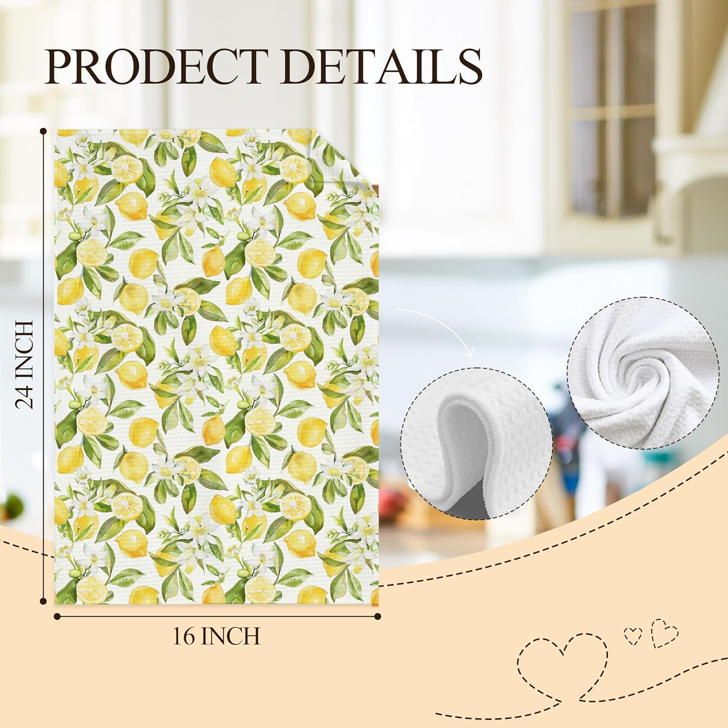 Farmhouse Lemon Kitchen Towels Set of 2, Rustic Cottagecore Yellow Lemon Hand Towels for Bathroom Decor, Citrus Fruit Decor Dish Tea Towels for Kitchen, 16x24 Inch - Image 7