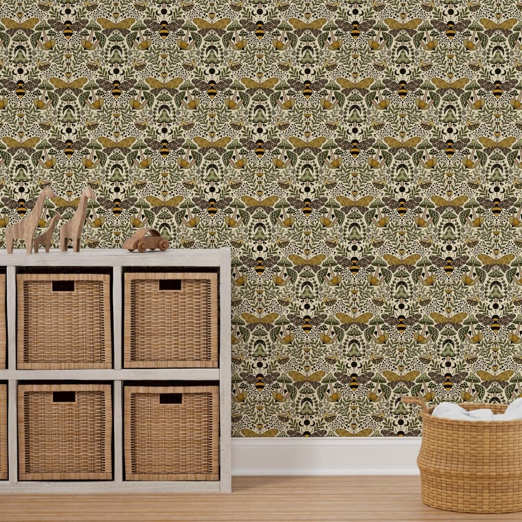 Removable Wallpaper 6ft x 2ft - Mushroom Botanical Art Nouveau Medium Scale Natural Habitat Bees and Moths Wildflowers Custom Pre-Pasted Wallpaper by Spoonflower