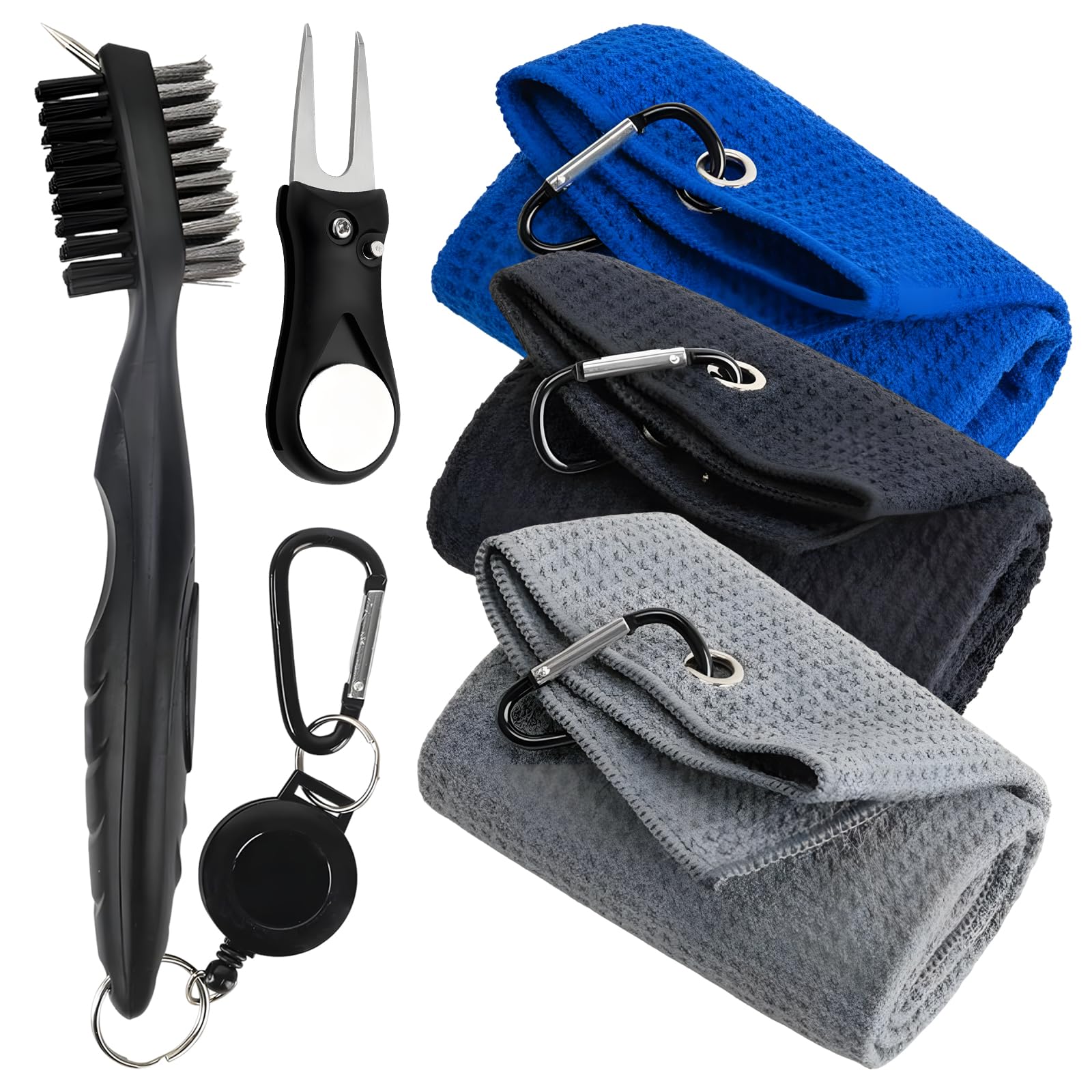 HEUIOP Golf Towels for Golf Bags with Clip, 16×16in Golfs Club Towel with Club Brush and Foldable Golfs Divot Tool for Men, Husband (Black, Gray, Blue)