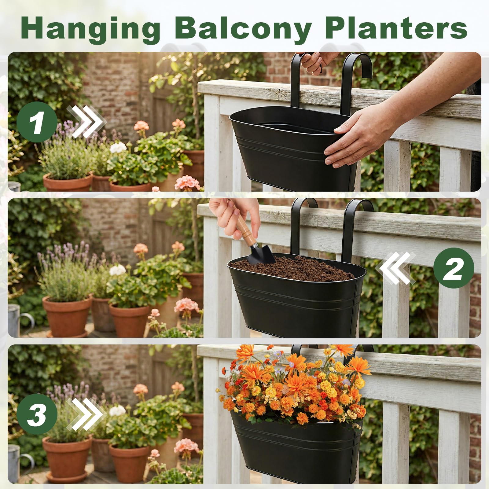 6PCS Pots de Fleurs Suspendus avec 3 Outils de Jardinage, Jardiniere Suspendue avec Trou de Drainage et Crochets Amovibles, Résistantes à la Rouille, Pots pour Balcon, Balustrade, Clôture