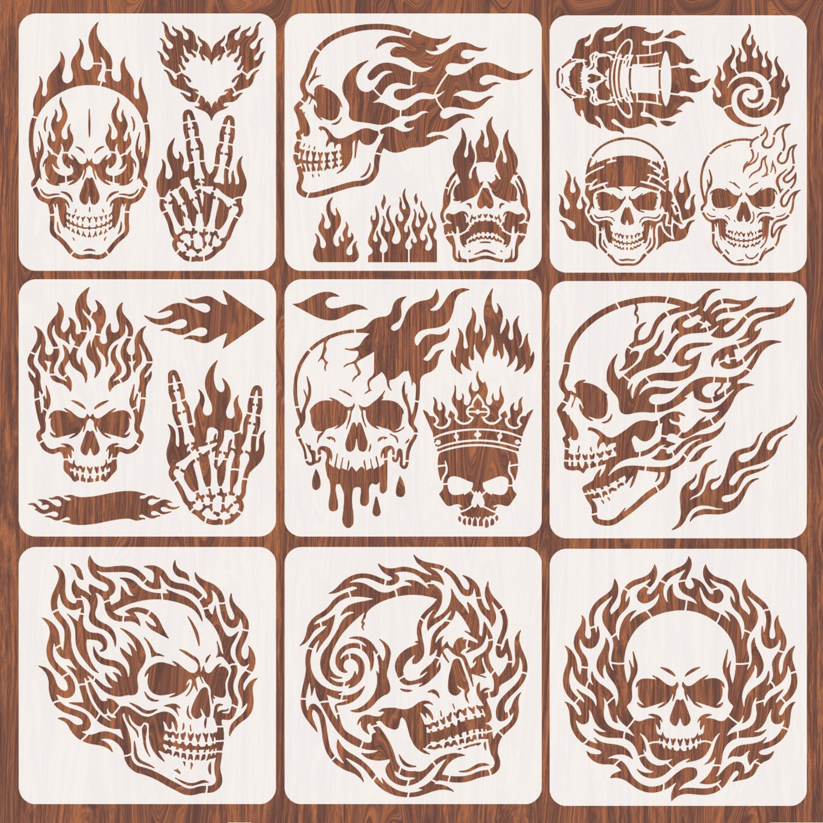 INFUNLY 9Pcs Skeleton Wall Stencil for Painting 11.8×11.8" Reusable Wall Stencils Burning Flames Painting Stencil Skull Fire Walls Template for Crafts Cement Wood Furniture Bedroom Home Decor