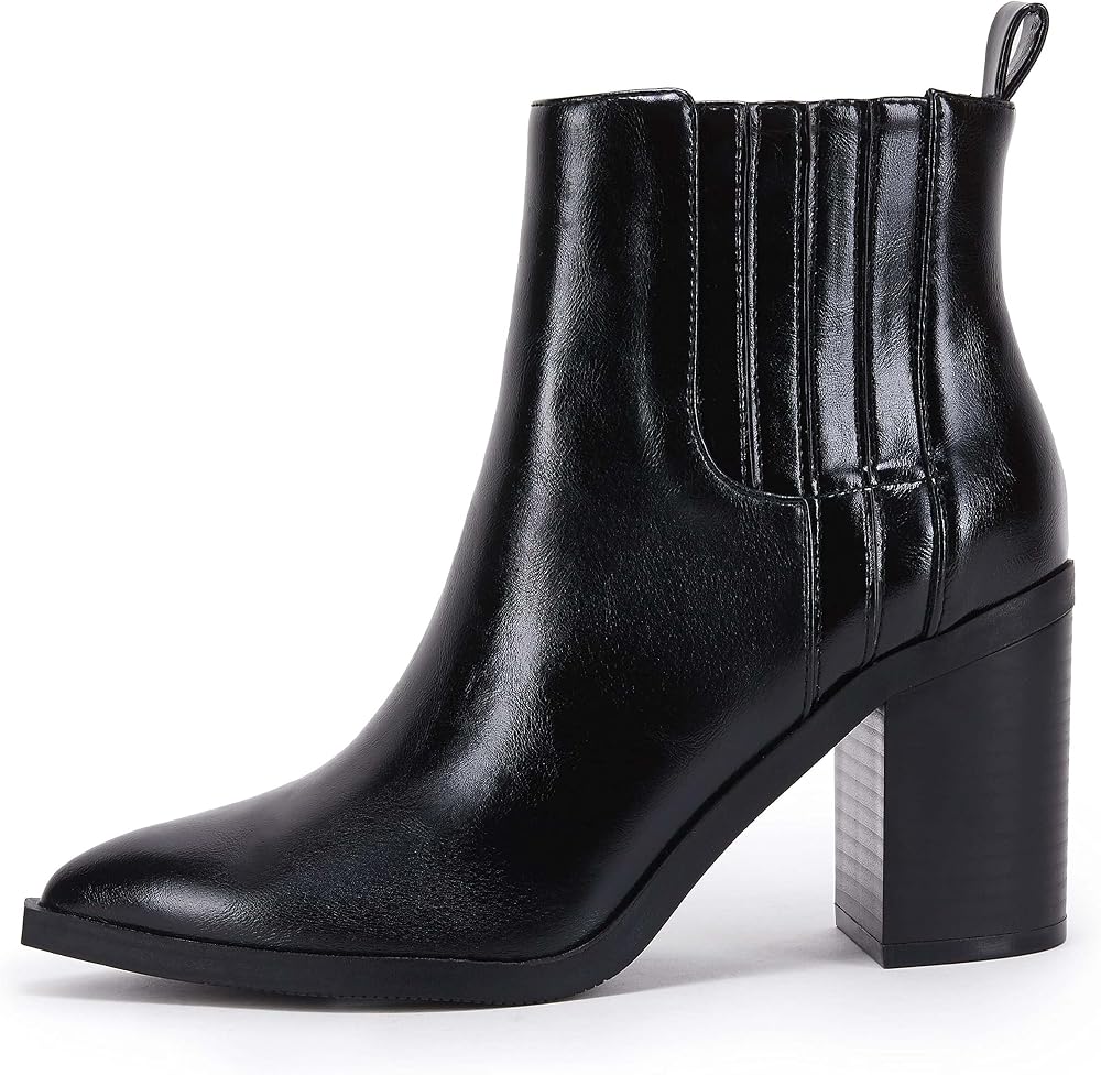 Womens Ankle Boots Slip on Pointed Toe Chunky Block Mid Heel Leather Elastic Panel Casual Chelsea Western Booties