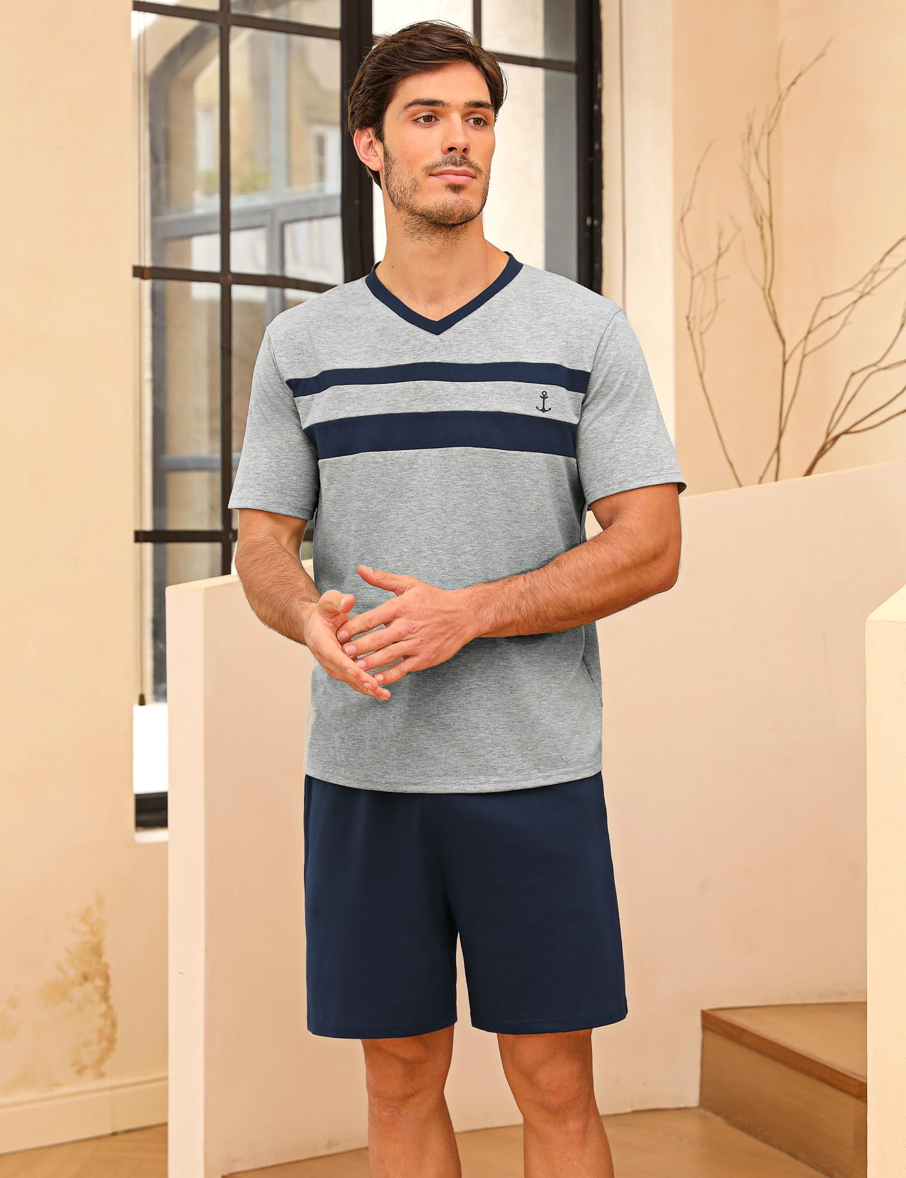 Camiseta y Pantalones Cortos Algodón Manga Corta Cuello en V Hombre S-3XL