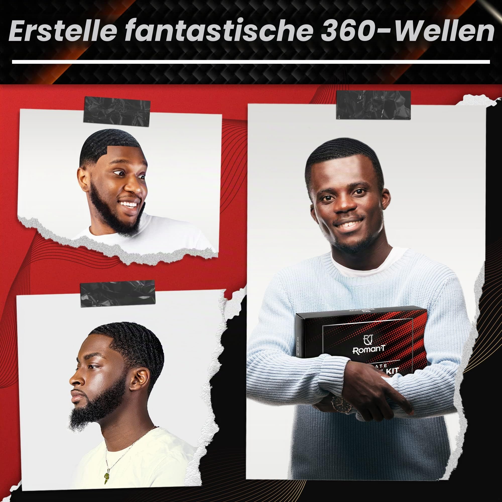 Roman-T 8-in-1 360 Wellenpinsel-Set – Pinsel-Set für 360 Wellen – 3 Wellenbürsten, weich, mittel & hart – 2 seidige Satin Durag – Schwarz & Schwarz Paisley, Handspiegel, Kamm, Haarbürstenreinige