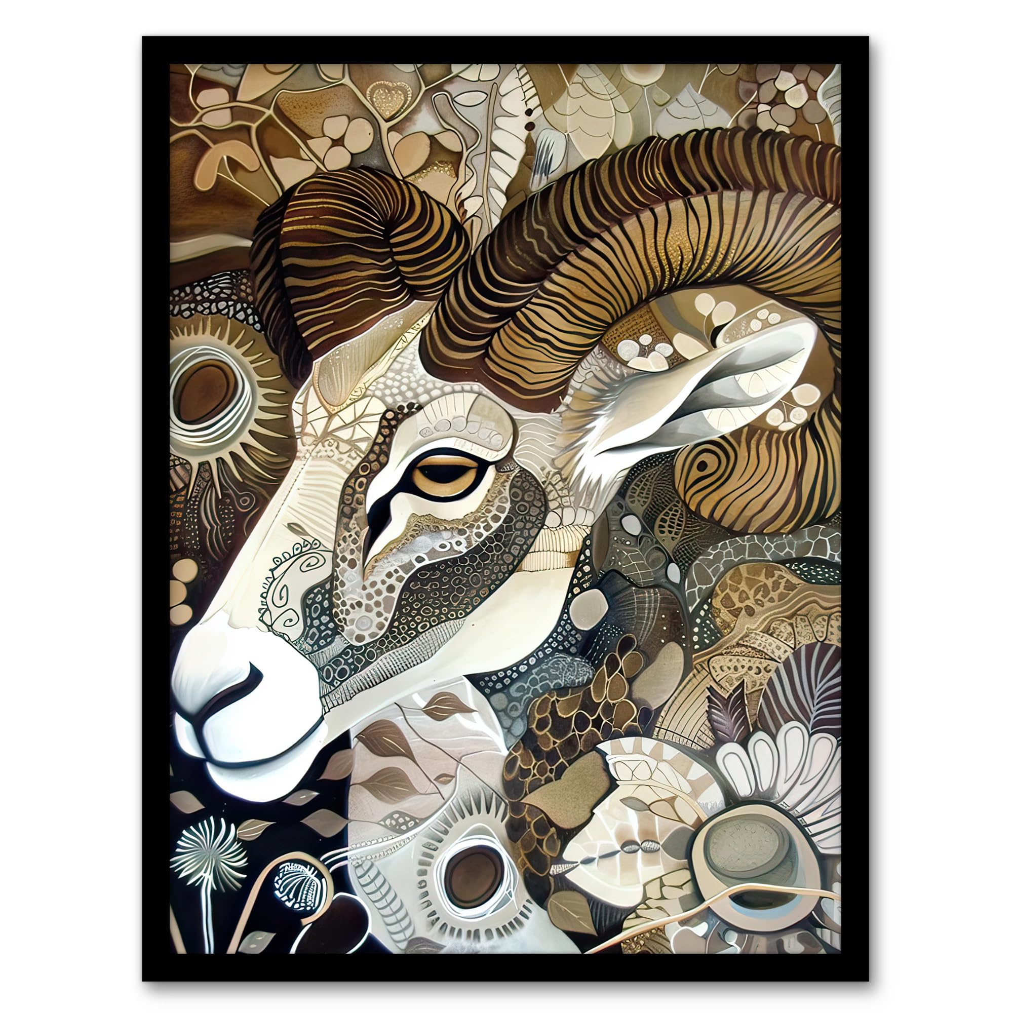 Artery8 Bighorn Sheep Abstract Floral Patter Folk Art Living Room Artwork Framed Wall Art Print A4