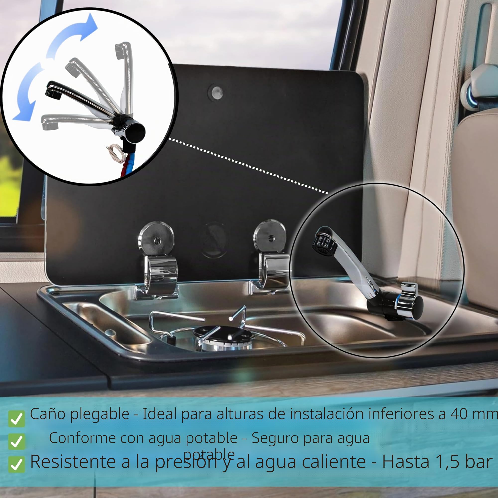 Comet Grifo de camping 12V London para autocaravana - Con 2 conexiones (agua caliente y fría), negro/cromado, grifo compacto con bomba, ideal para lavabo