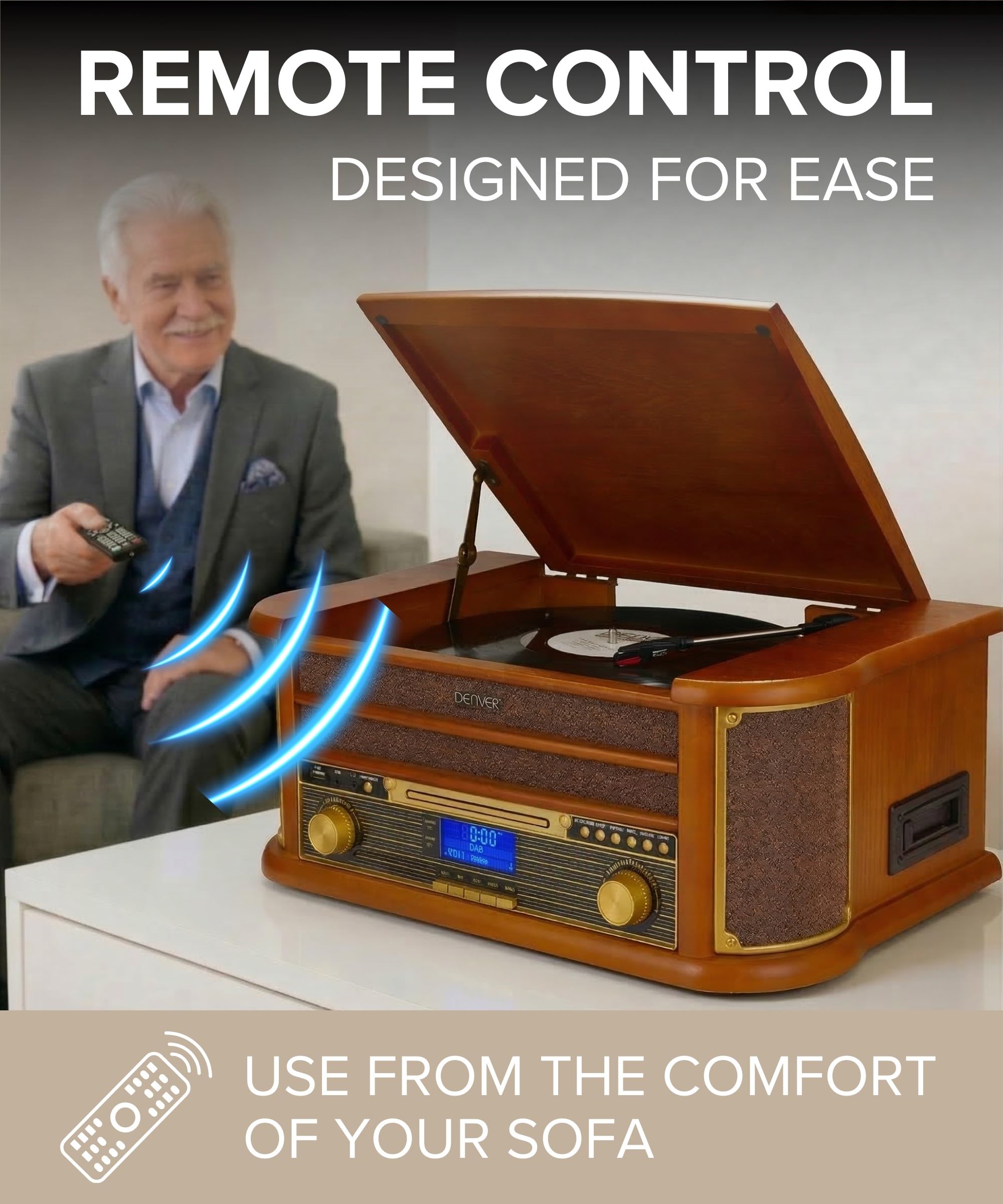 Denver MRD-51BT MK2 Lecteur de disque radio Bluetooth 9 en 1 en bois avec haut-parleurs – Radio DAB+, FM, lecteur de cassette, lecteur CD, entrée auxiliaire, enregistrement MP3 USB, entrée auxiliaire