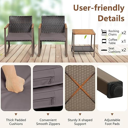 Miniatura 8 de Tangkula Juego de 3 piezas mecedoras de bistró, silla mecedora para exteriores con mesa auxiliar y cojines, juego de muebles de ratán para patio,