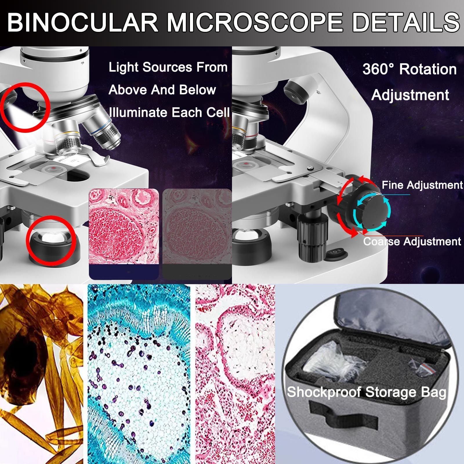 Microscopio Binocular 40x-2000/5000x, Luces Led Duales Superior E Inferior/Enfoque Grueso Y Fino/RotacióN 360°/Campo Amplio,Con Ocular ElectróNico +Soporte TeléFono+Bolsa Almacenamiento,2000x