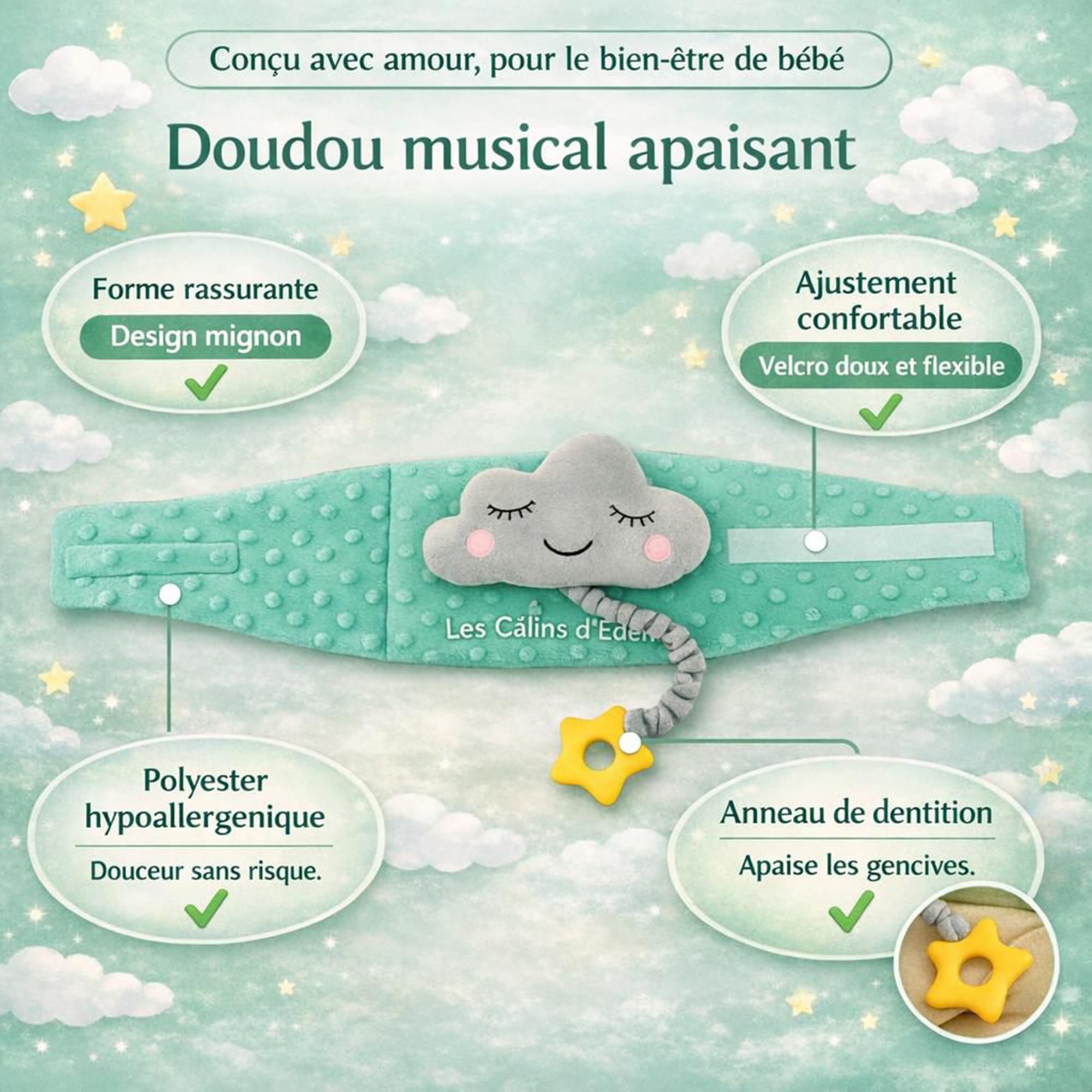 Ceinture bouillotte bébé anti-coliques – poche gel chaud/froid, doudou musical amovible, anneau de dentition silicone étoile, housse satin – soulage coliques & ballonnements – Certifiée CE