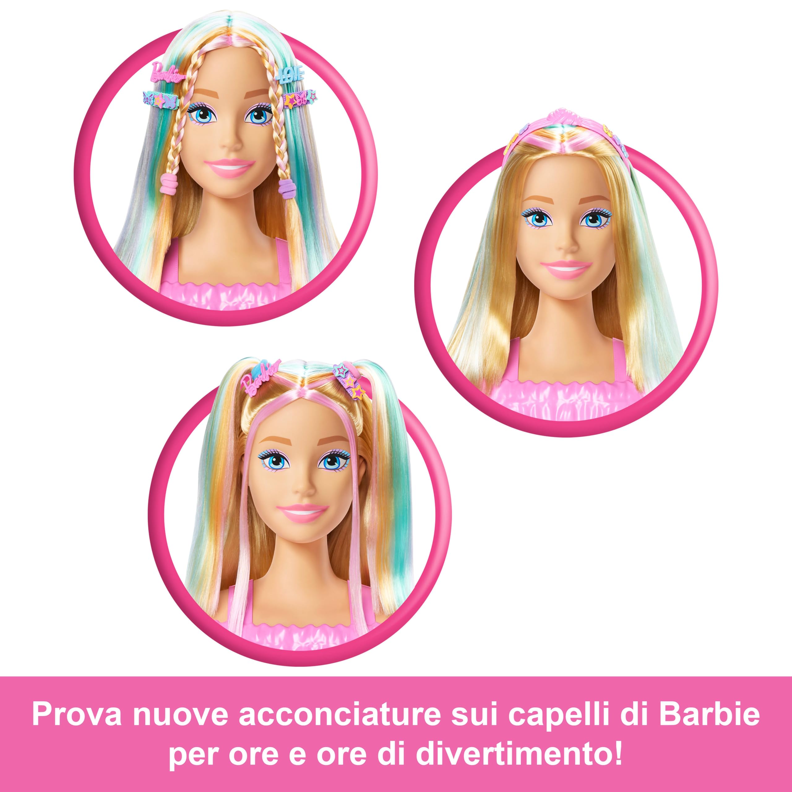 Barbie - Styling Head Deluxe, capelli biondi con oltre 20 accessori per acconciature, fermagli per capelli a stella o farfalla cambia colore, giocattolo per bambini, 3+ anni, JFG81