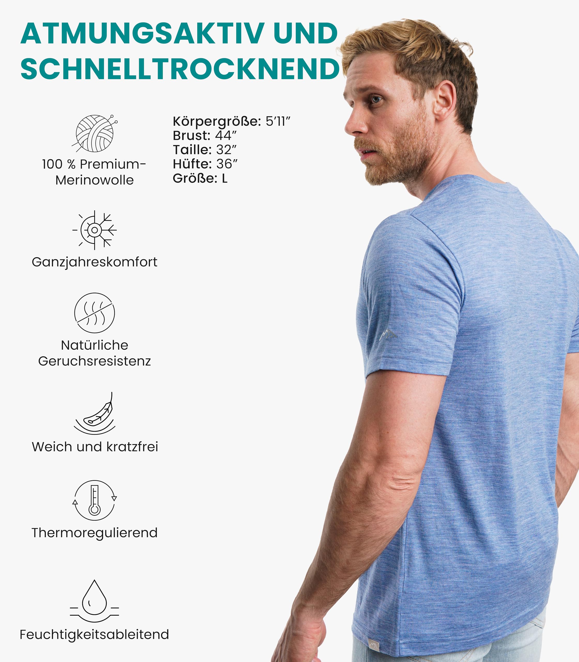 100% Merino T-shirt Herren Kurzarm - Sport Shirt Merino Wolle Herren, Merino Unterwäsche Herren