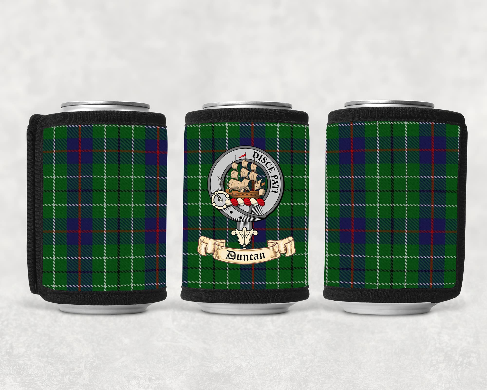 Duncan Scottish Clan Beverage Can Wrap with Duncan Clan Crest on Duncan Tartan