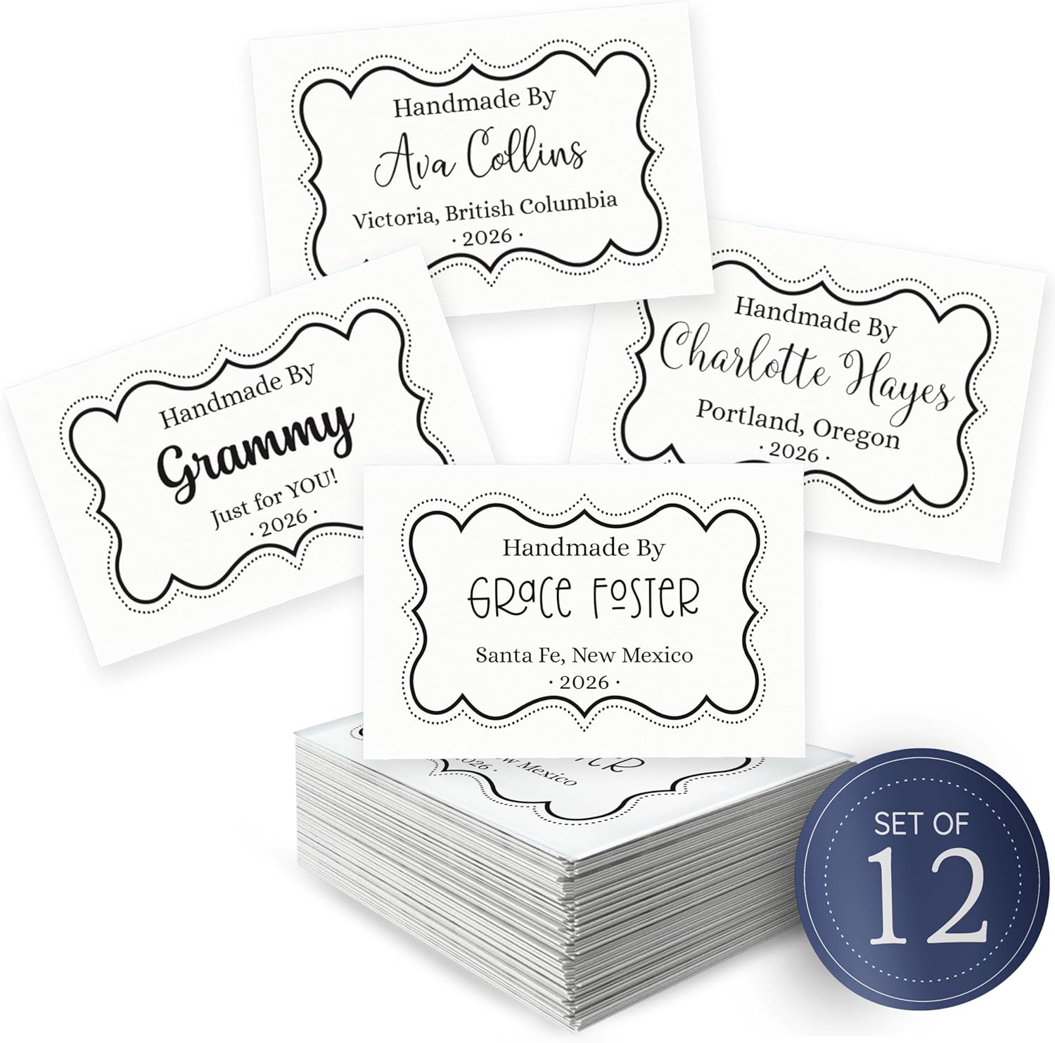 Personalized Cotton Fabric Tags 2”x3” Each | Custom Sewing Labels, Set of 12 Labels – Sew On or Iron On – Gift for Quilters, Knitters, mom – Machine Washable Quilt Tags - Swirl Border