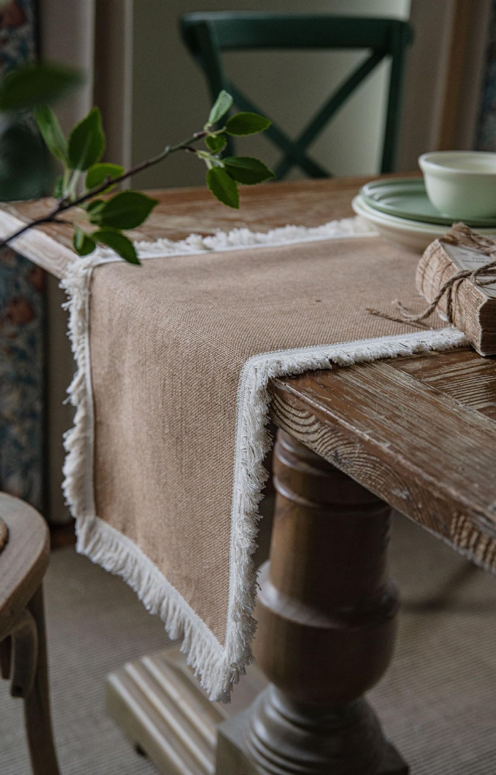 Runner da Tavolo Cotone Lino 30x220 cm, Runner da Tavola Moderno Lavabile Tinta Unita con Nappe Esterno Interni Decorazioni per Tavolino da Compleanni Matrimoni, Marrone Chiaro