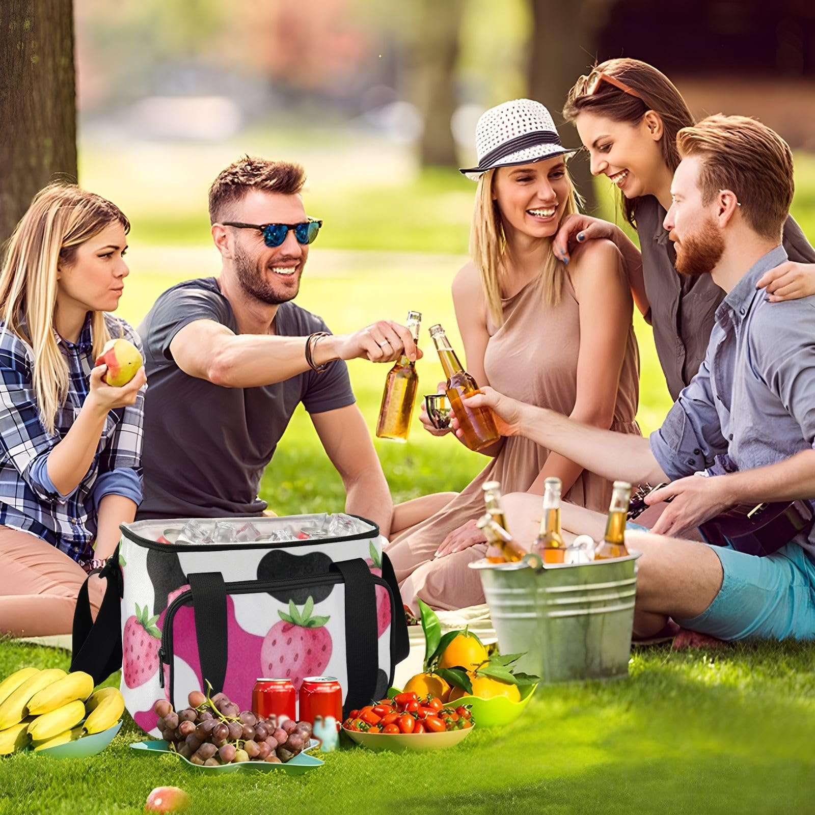 Wudan Różowa krowa nadruk truskawki izolowana torba chłodząca 6 mm wypełniona pianką EPE Potluck Party Outdoor Lovers