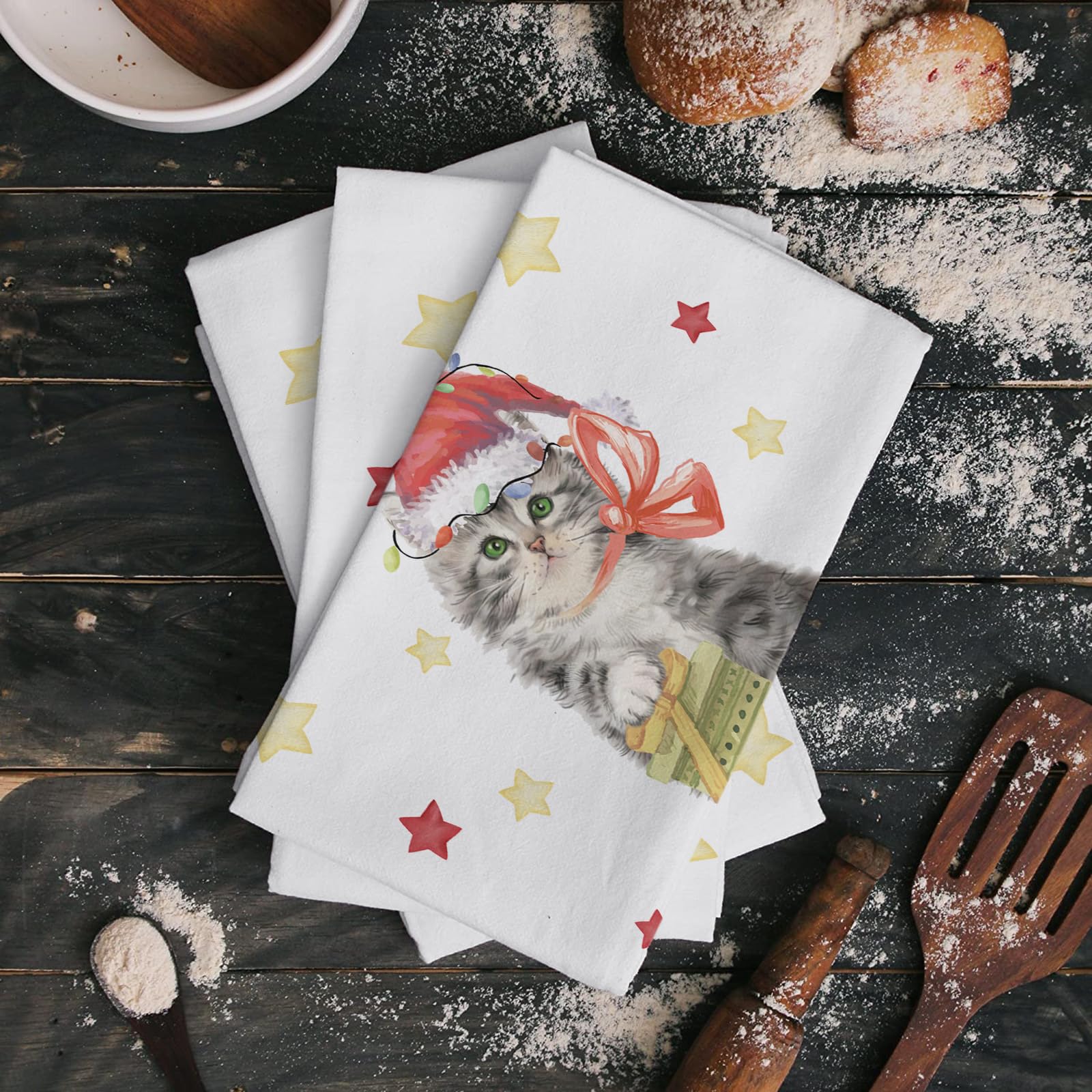 Trapos Cocina Gato Navideño Gris Paños de Cocina Suaves y Absorbentes Paños Cocina Reutilizables Trapos de Cocina para Secar Toallas Lavable Toallas de Barra 2 Piezas (44x74 cm)