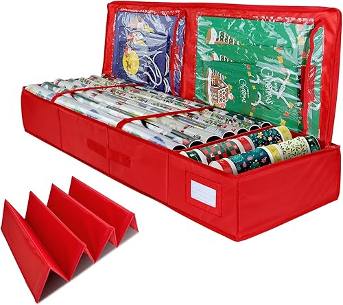 Demao Contenedor de almacenamiento de papel de regalo de Navidad, organizador de almacenamiento de papel de regalo de 40 pulgadas con bolsillos y