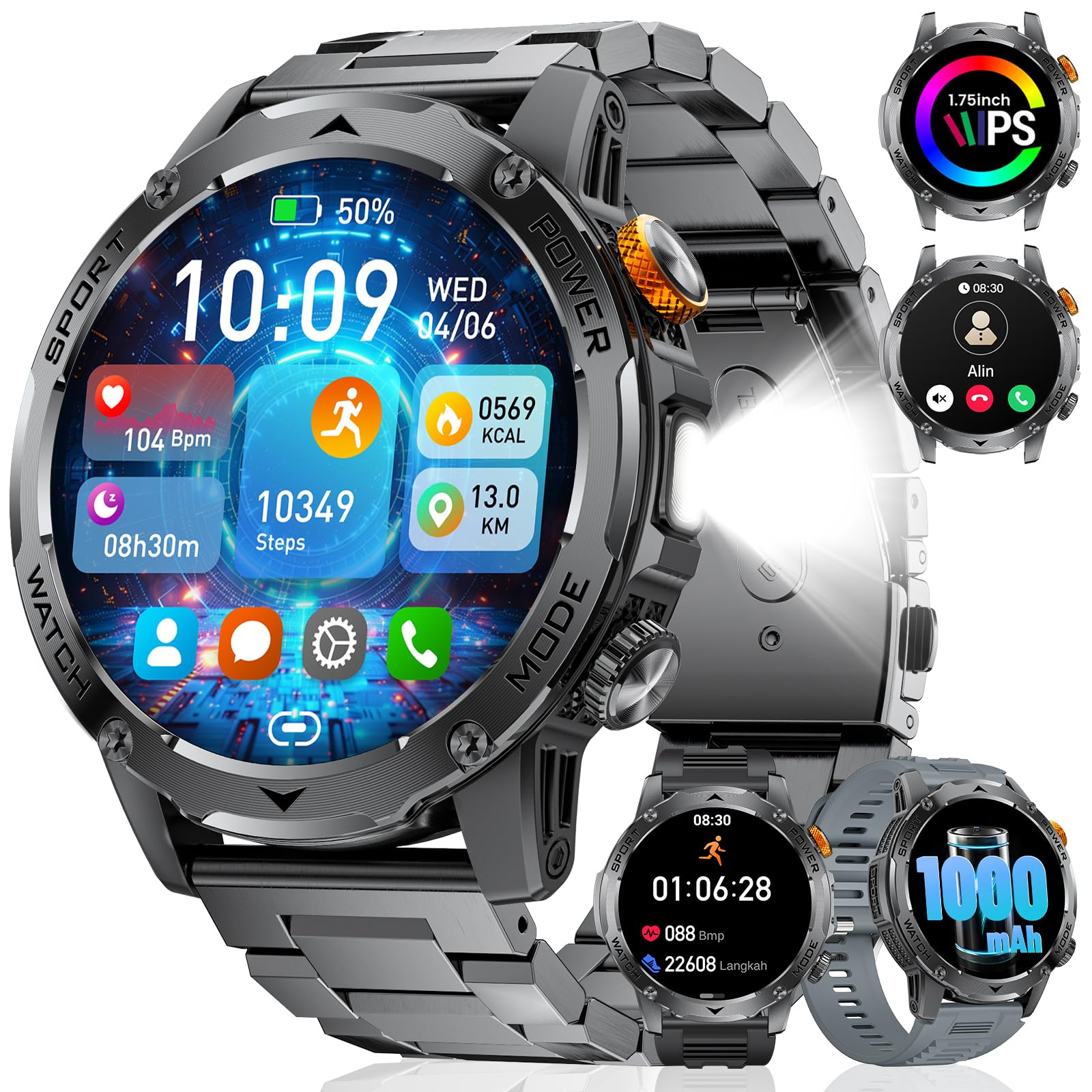 LIGE Smartwatch Herren Militär - 1000 mAh/1.75" HD Große Display,Smartwatch mit Bluetooth Anrufe/Taschenlampe,120+ Sportmodi,Herzfrequenz/Schlafmonitor,Fitnessuhr für iOS/Android, Schwarzgrau