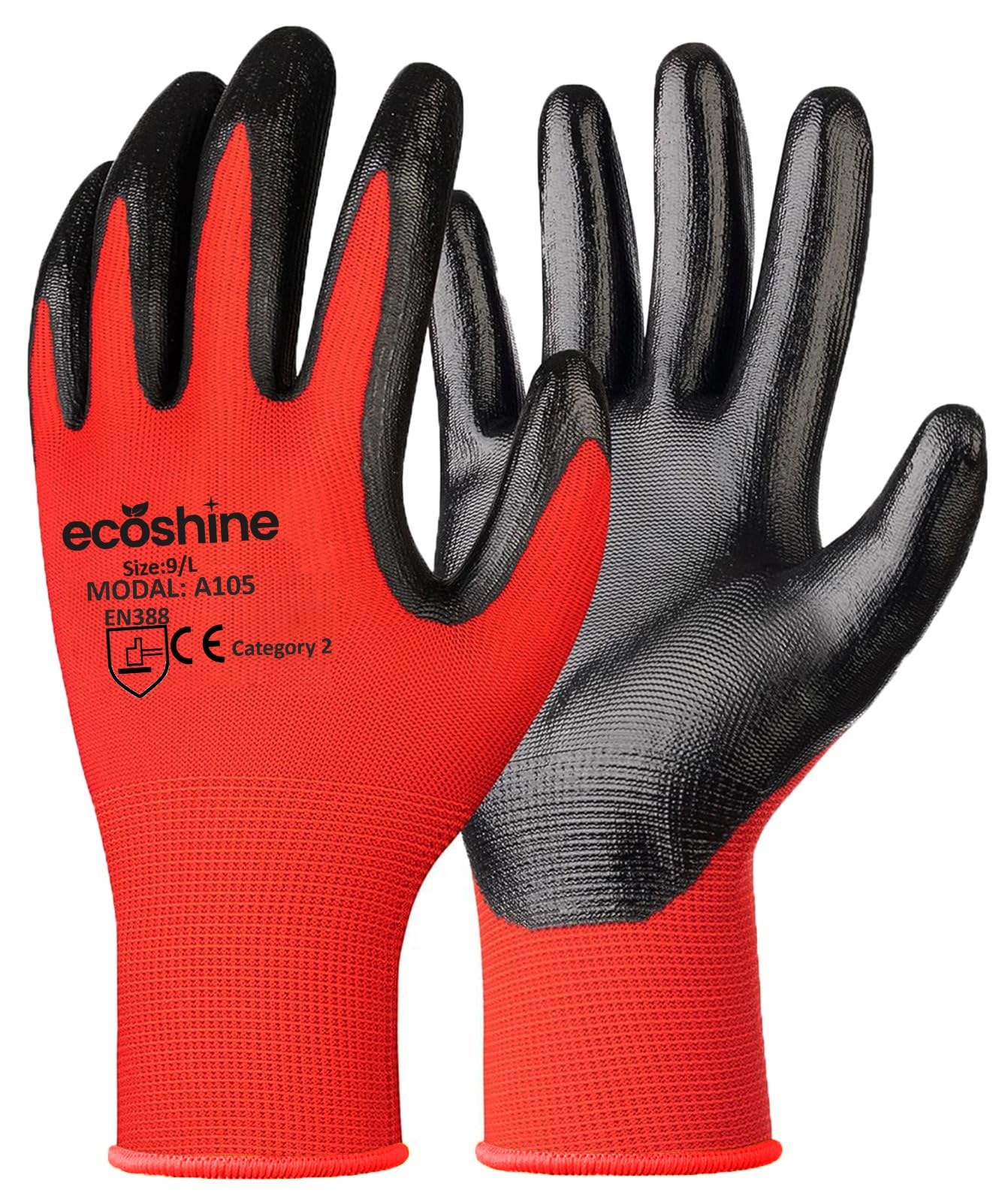 Ecoshine Supplies 24 Pairs work Gloves Red Nitrile Coated Gloves, Heavy Duty Non-Slip Grip for Building and Gardening Warehouse Gloves PREMIUM Quality (X-Large/10)