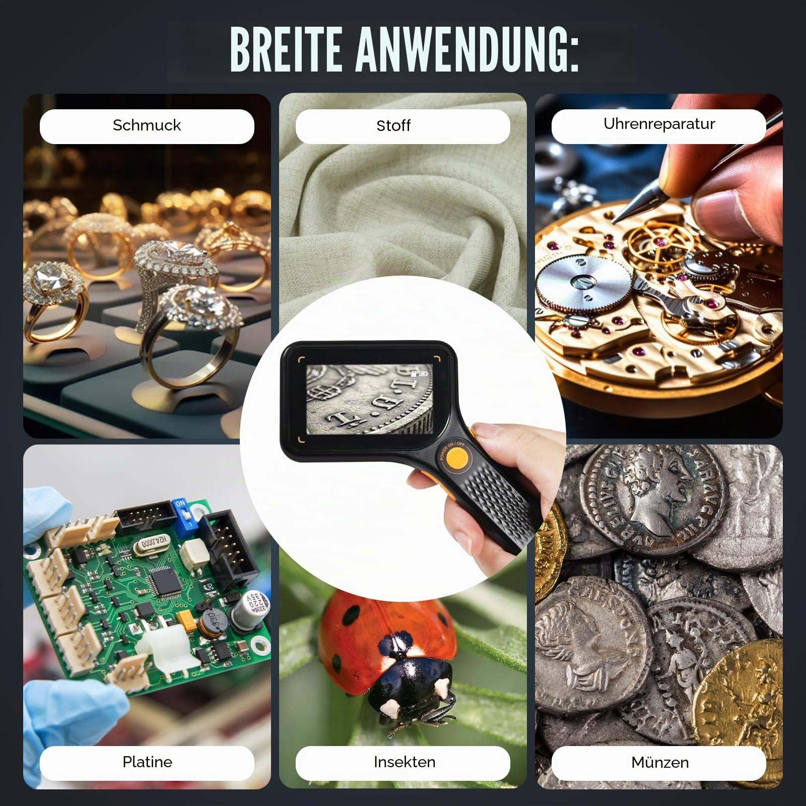 Digitales Mikroskop mit IPS-Bildschirm, Autofokus, USB-Lupe, 64 GB, Unterstützung für Münzen, Schmuck, PCB, Reparatur, Biologie, 8 LED-Leuchten für Windows, Mac, 7,6 cm Display, tragbarer