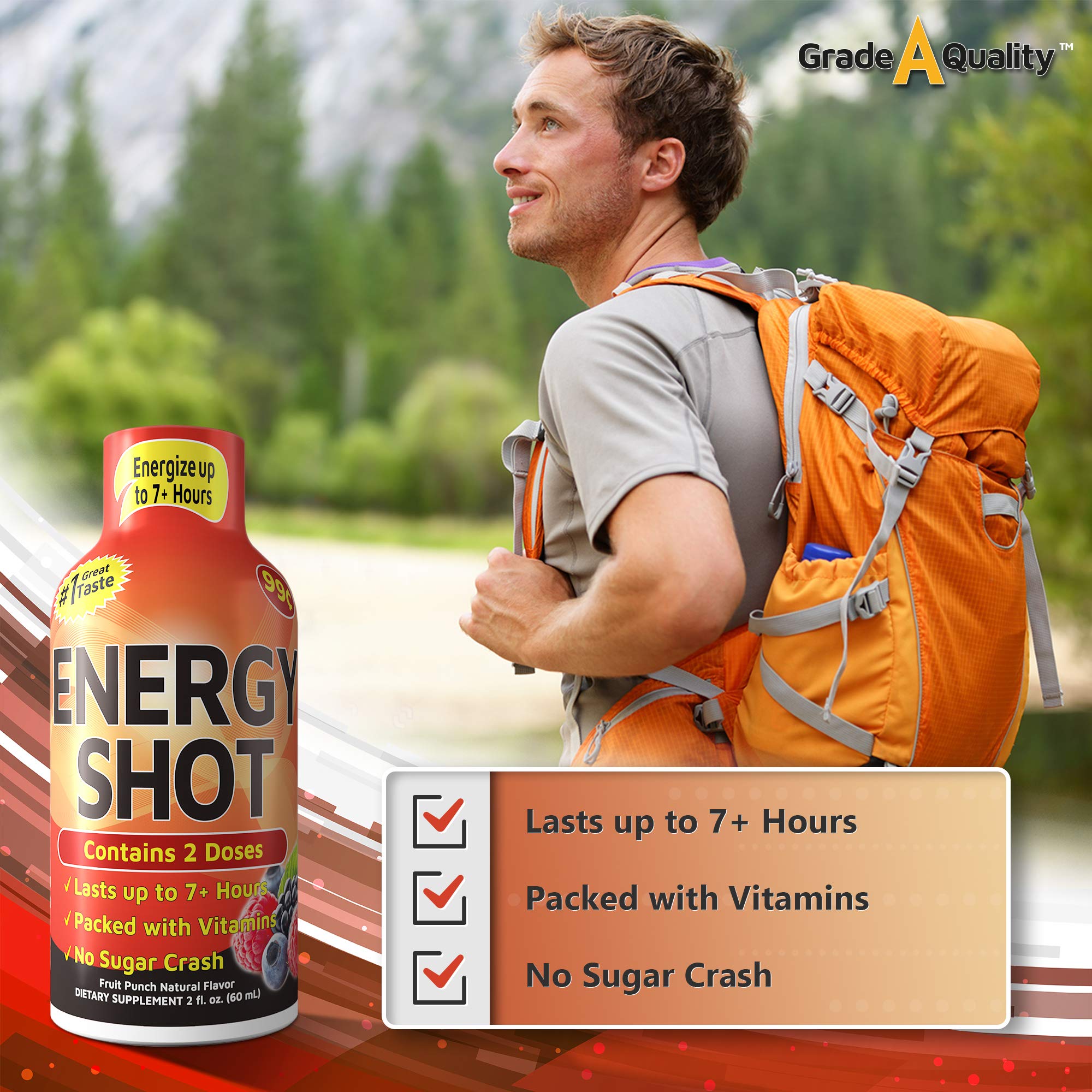 Grade A Quality Shots, Fruit Punch Flavor, Up to 7+ Hours of Energy, 1.93 Fl Oz, 12 Count