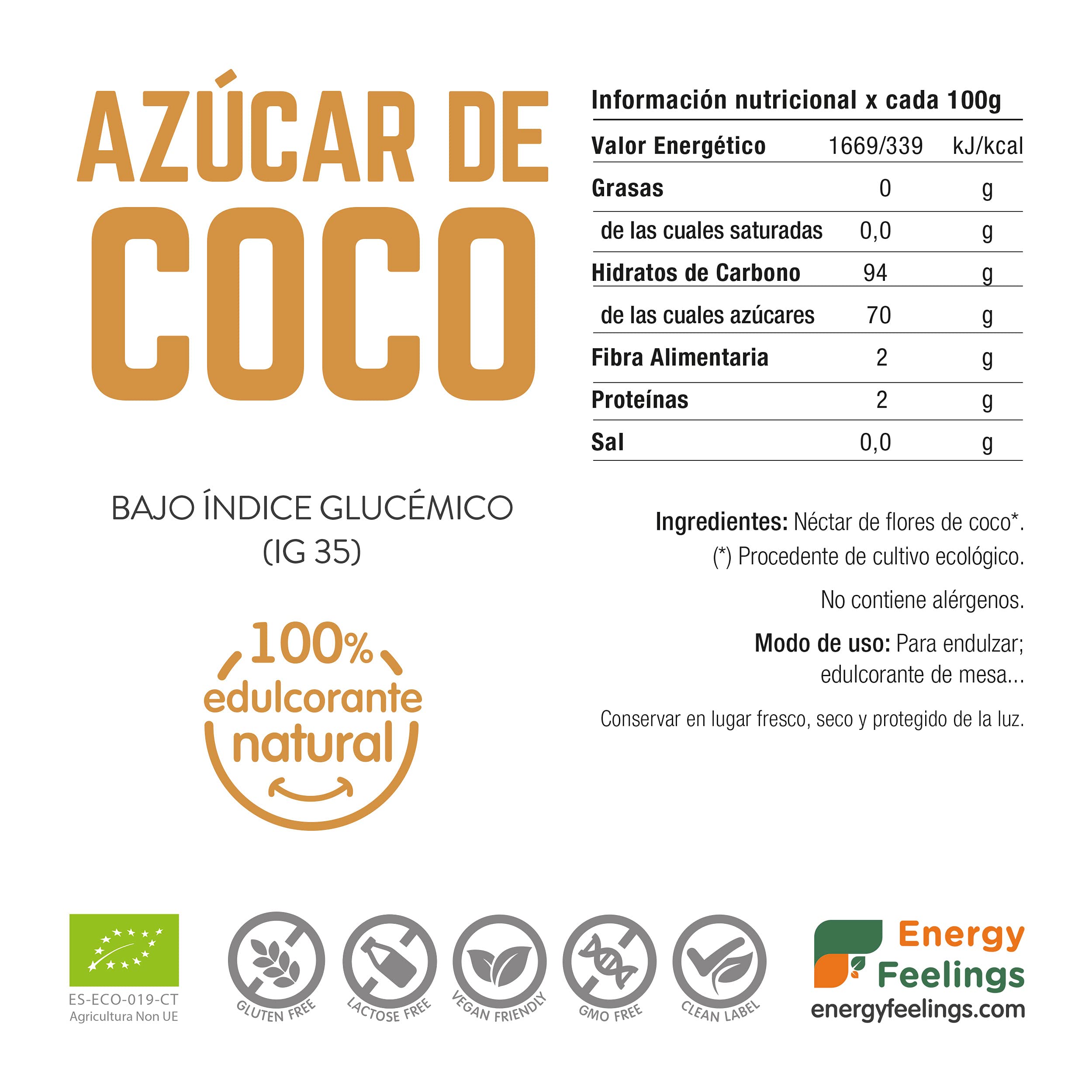 Energy Feelings Azúcar de Coco ECO - 1000 gr, Vegano, Ecológico y Natural, Ligero Sabor a Caramelo, Rico en Vitaminas, Glutamina, Potasio, Hierro y Magnesio, Apto para Control de Peso, Pack XXL