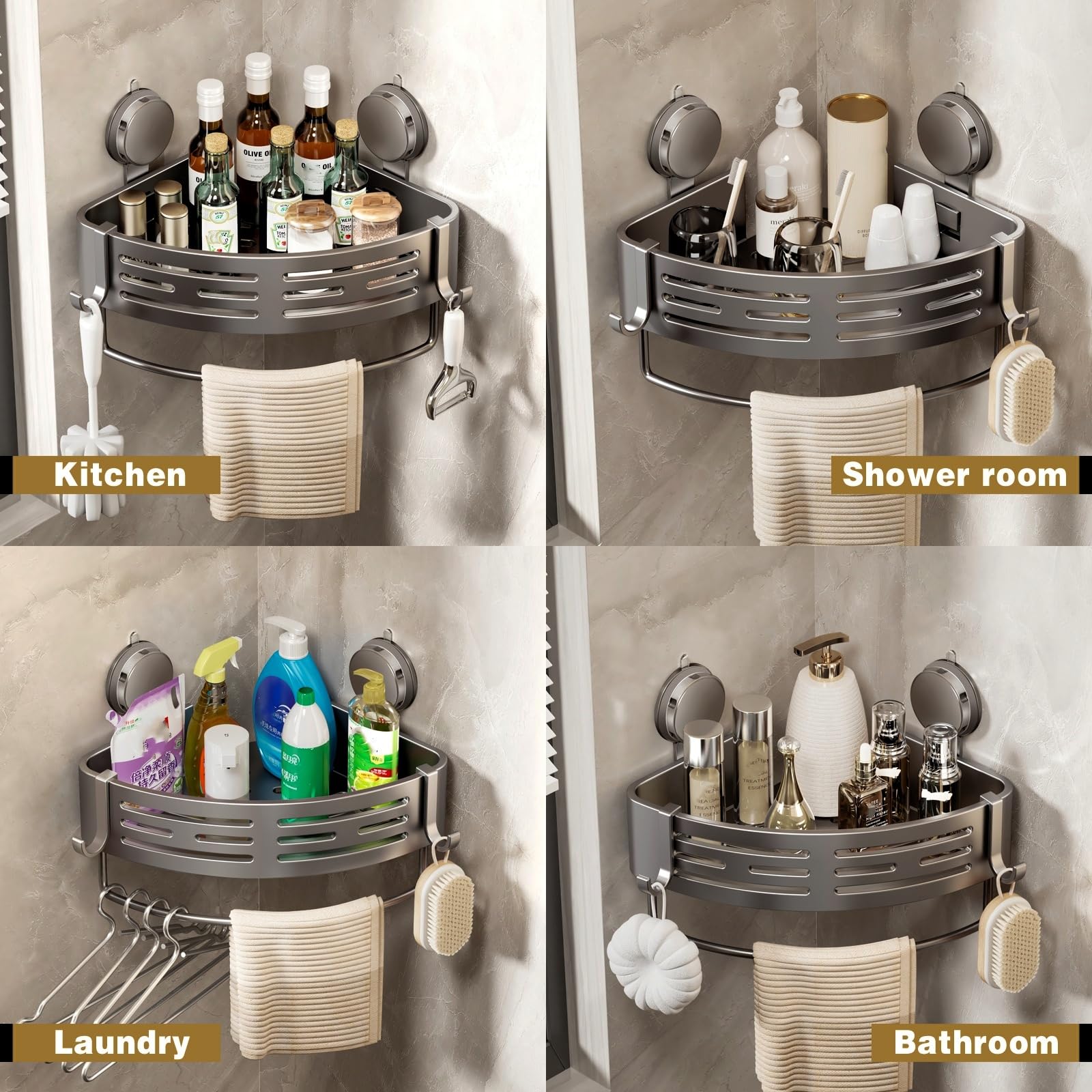 VOLPONE Estante de ducha esquinero con ventosa, estante de ducha esquina, sin taladrar, organizador de ducha de baño, estante de almacenamiento adhesivo (paquete de 1, gris)