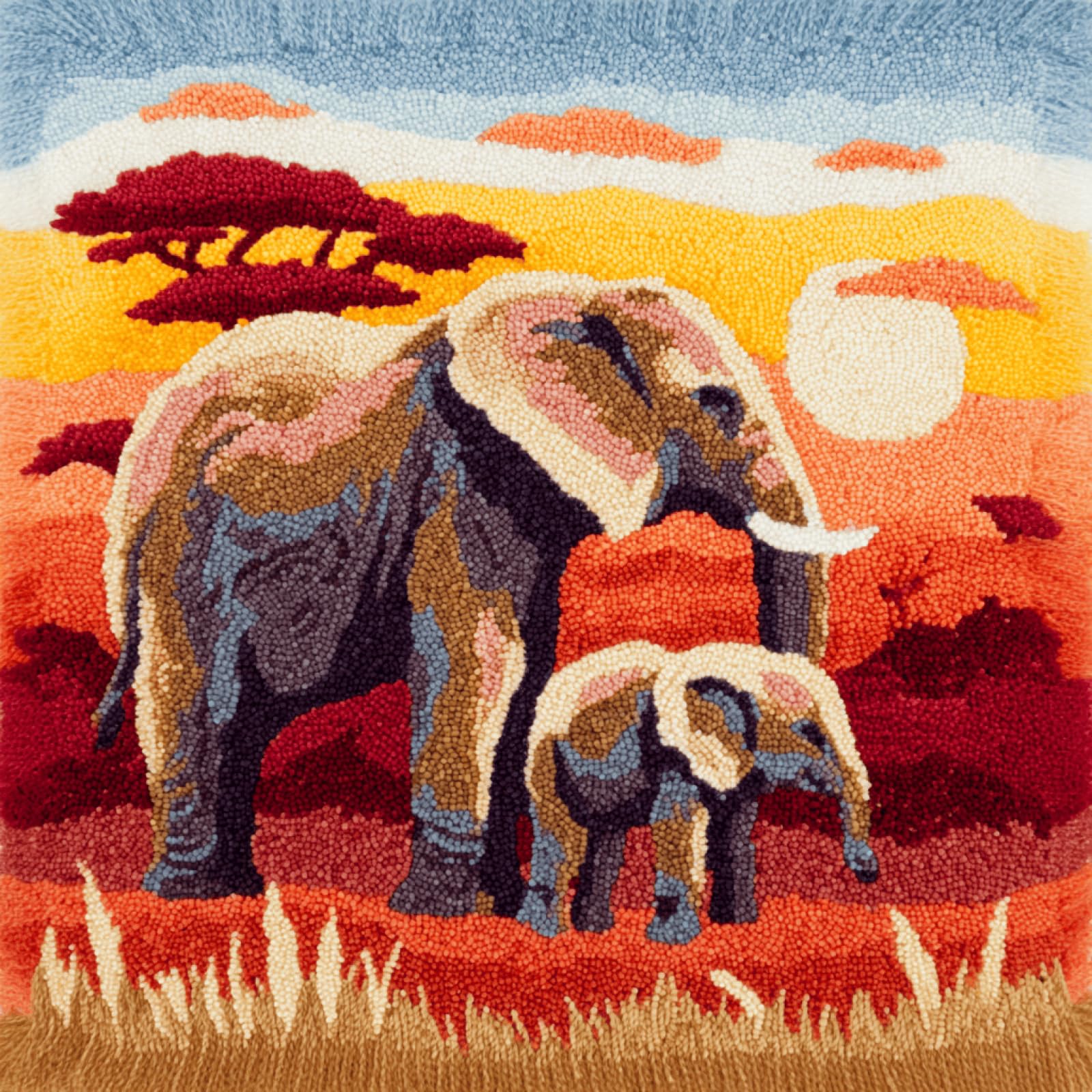 kitphoenix DIY Cushion Making Kit,Latch Hook Cushion Kit 43x43 cm with Colour Printed Canvas,Pre-Cut Yarn,Crochet Hook and Step-by-Step Instructions for Beginners and Adults,African Elephant