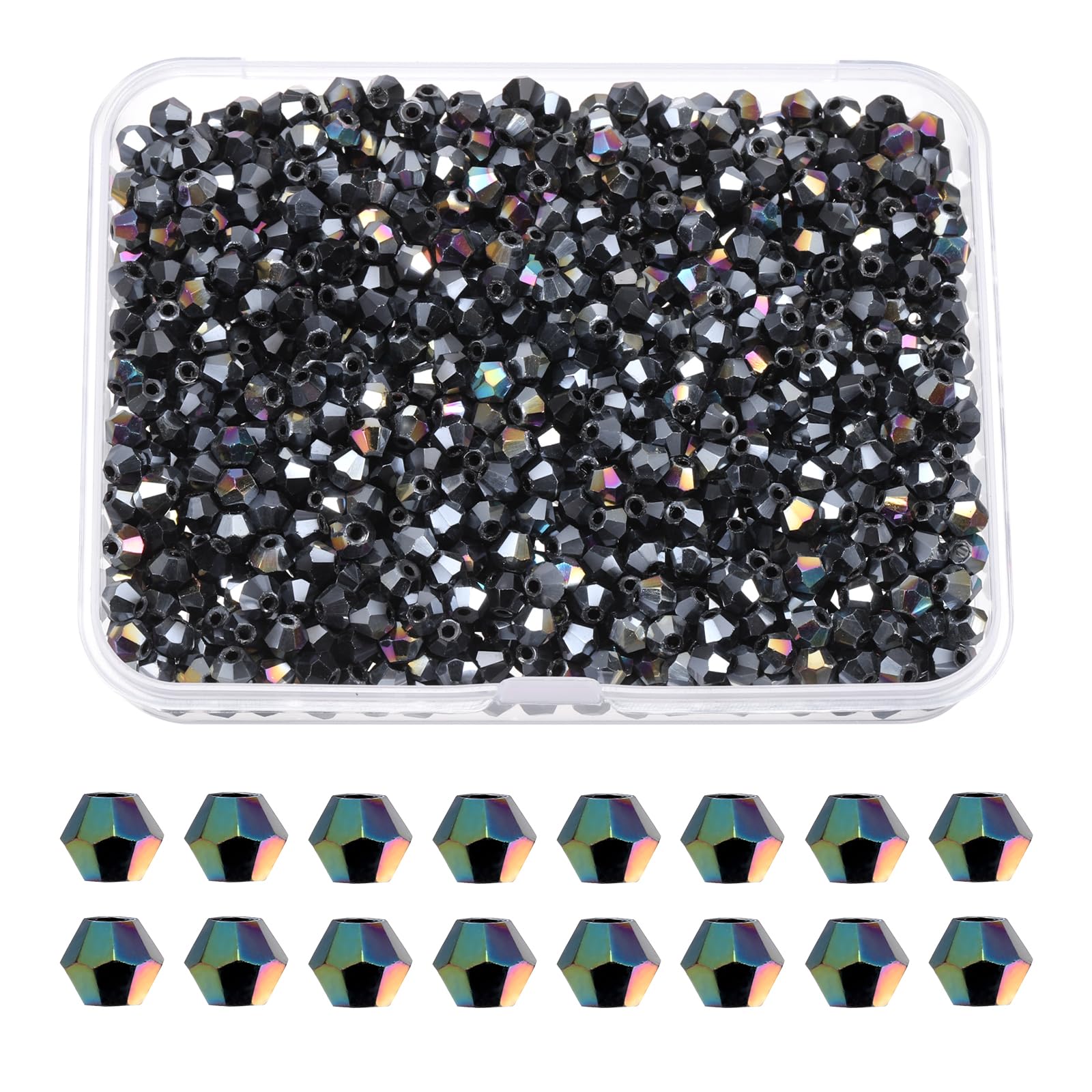 PATIKIL 1000pcs 4mm Bicone Glass Crystal Beads with Box, Black AB — image 1