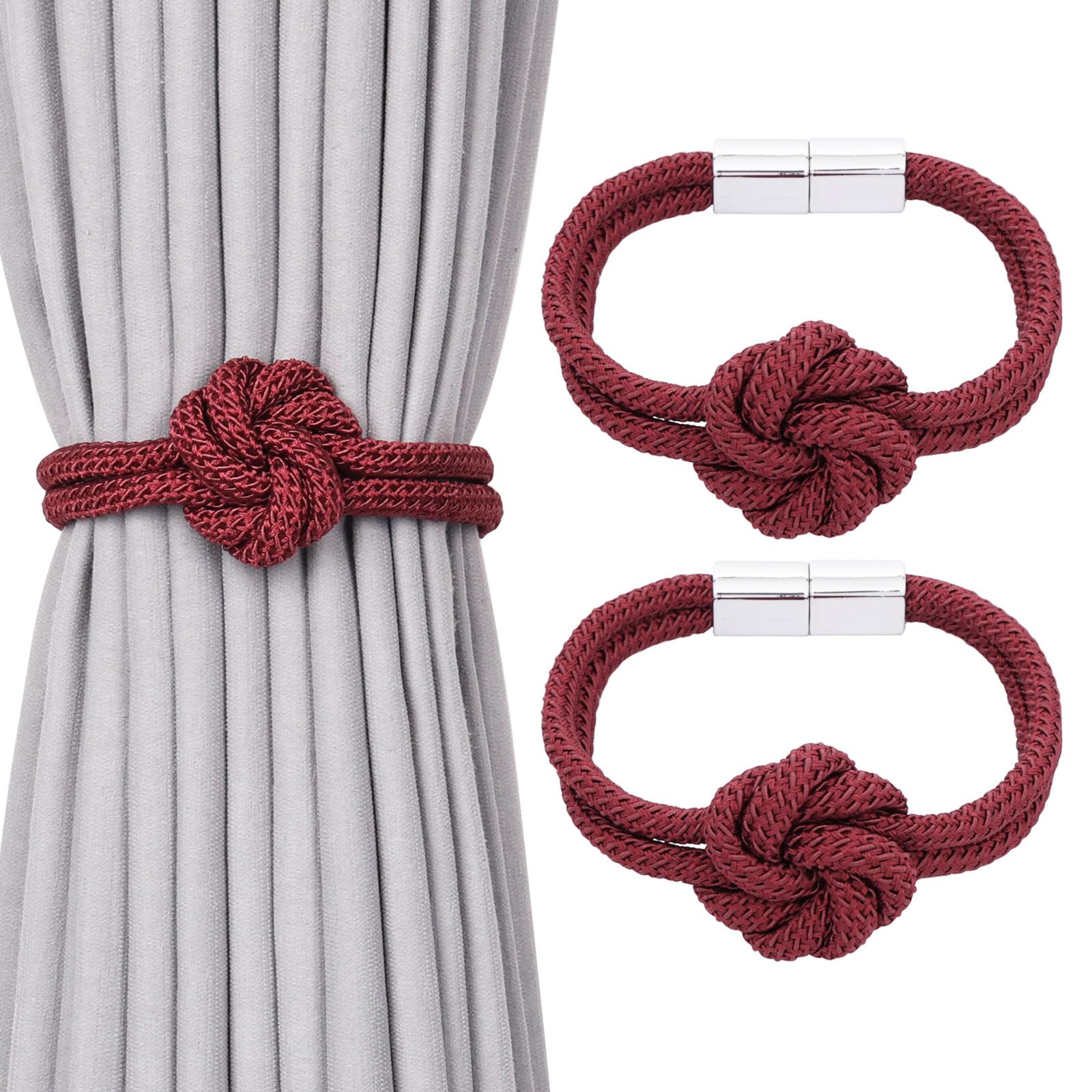 Pretty Jolly 2 Pack Cute Flower Knot Magnetic Curtain Tiebacks Nordic Style Drape Tie Backs Elegant Hand Weave Rope Decorative Curtain Holdbacks for Home & Office Window Drapery (Wine Red)