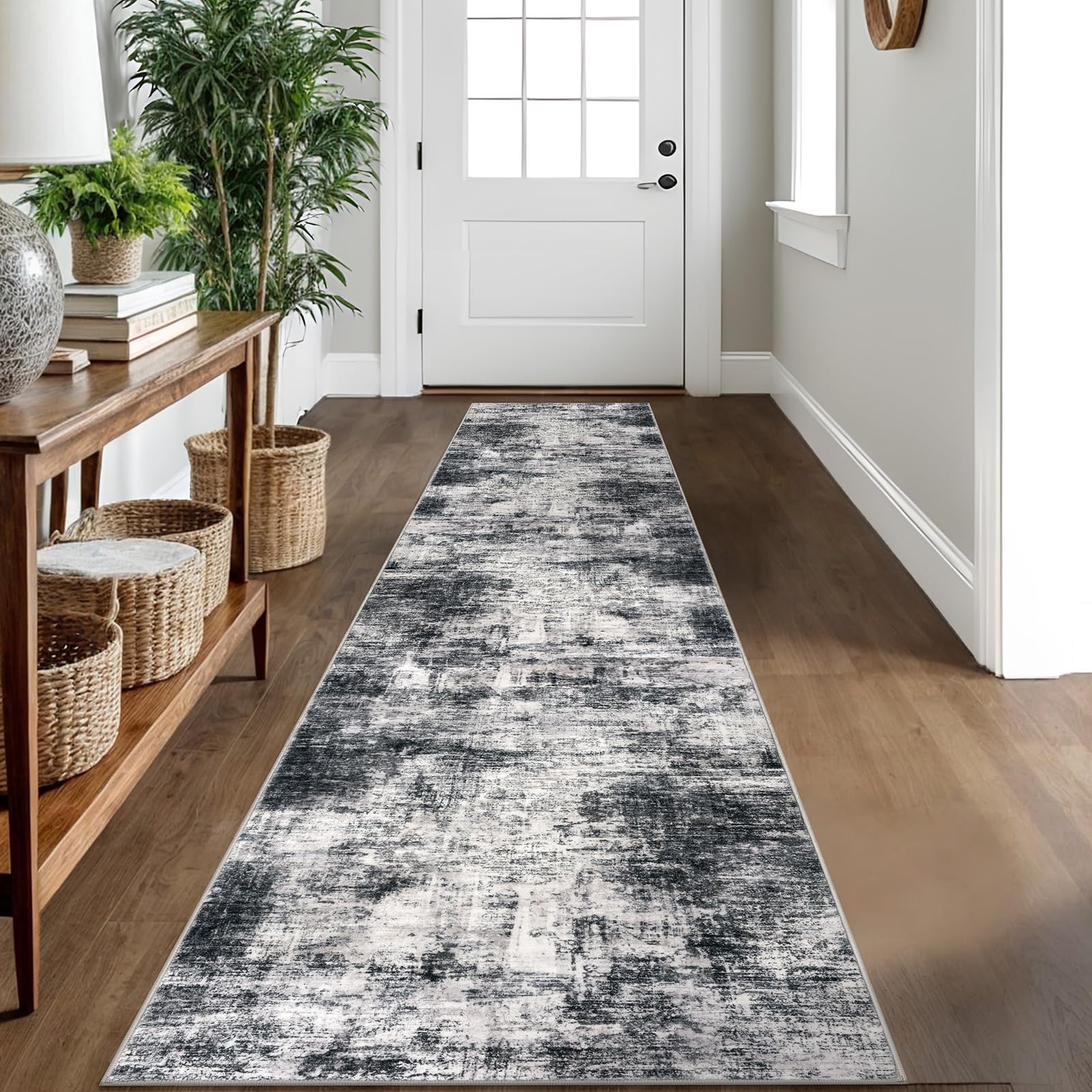 IOHOUZE Abstract Runner Rug 2x10 Ft Washable Runners for Hallways, Non Slip Kitchen Runner Printed Faux Wool Entryway Runner Indoor, Modern Abstract