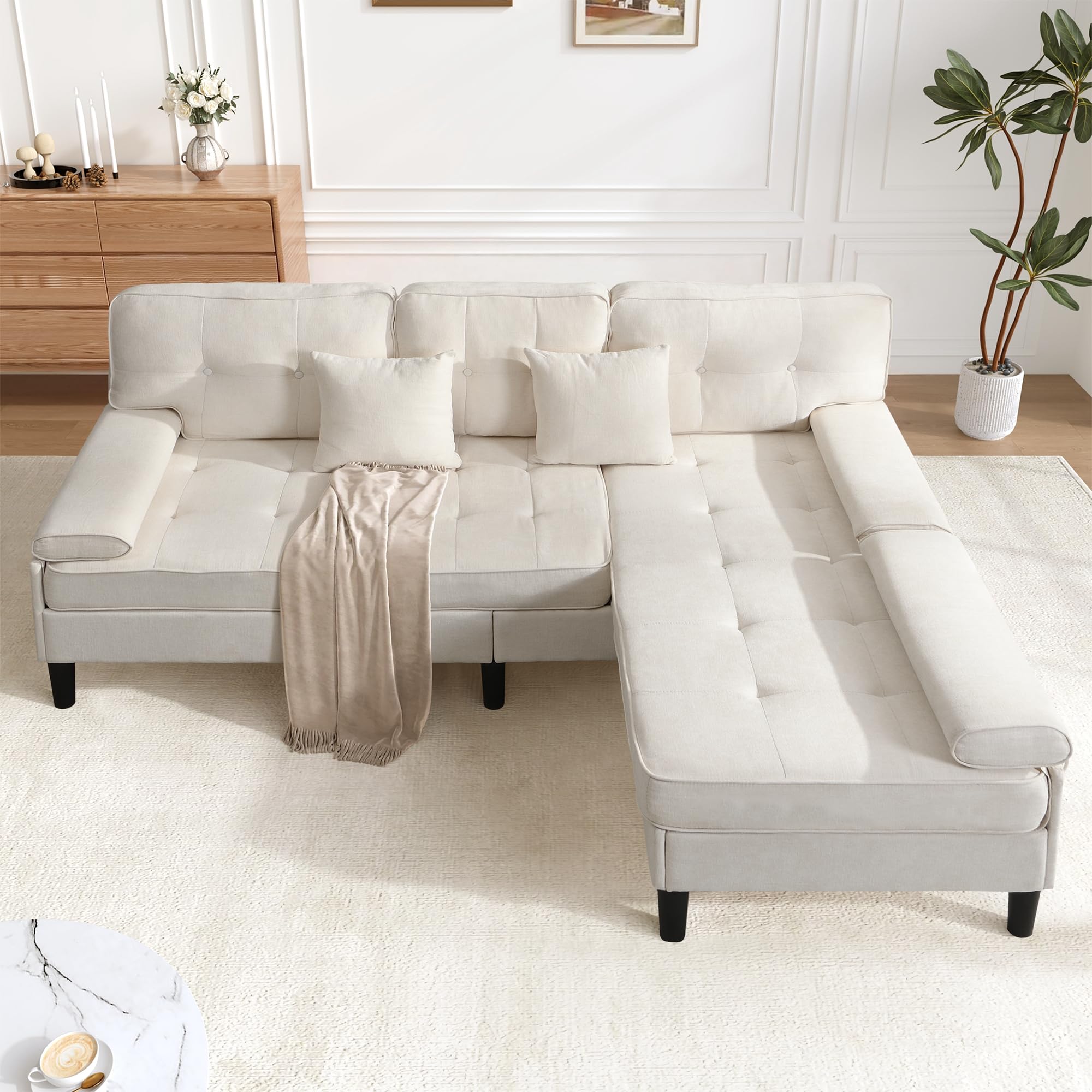 Divano ad angolo in ciniglia a forma di L, 195 cm di larghezza, divano chaise longue multifunzionale a tre posti con funzione letto, con poggiapiedi mobile, ideale per piccoli appartamenti