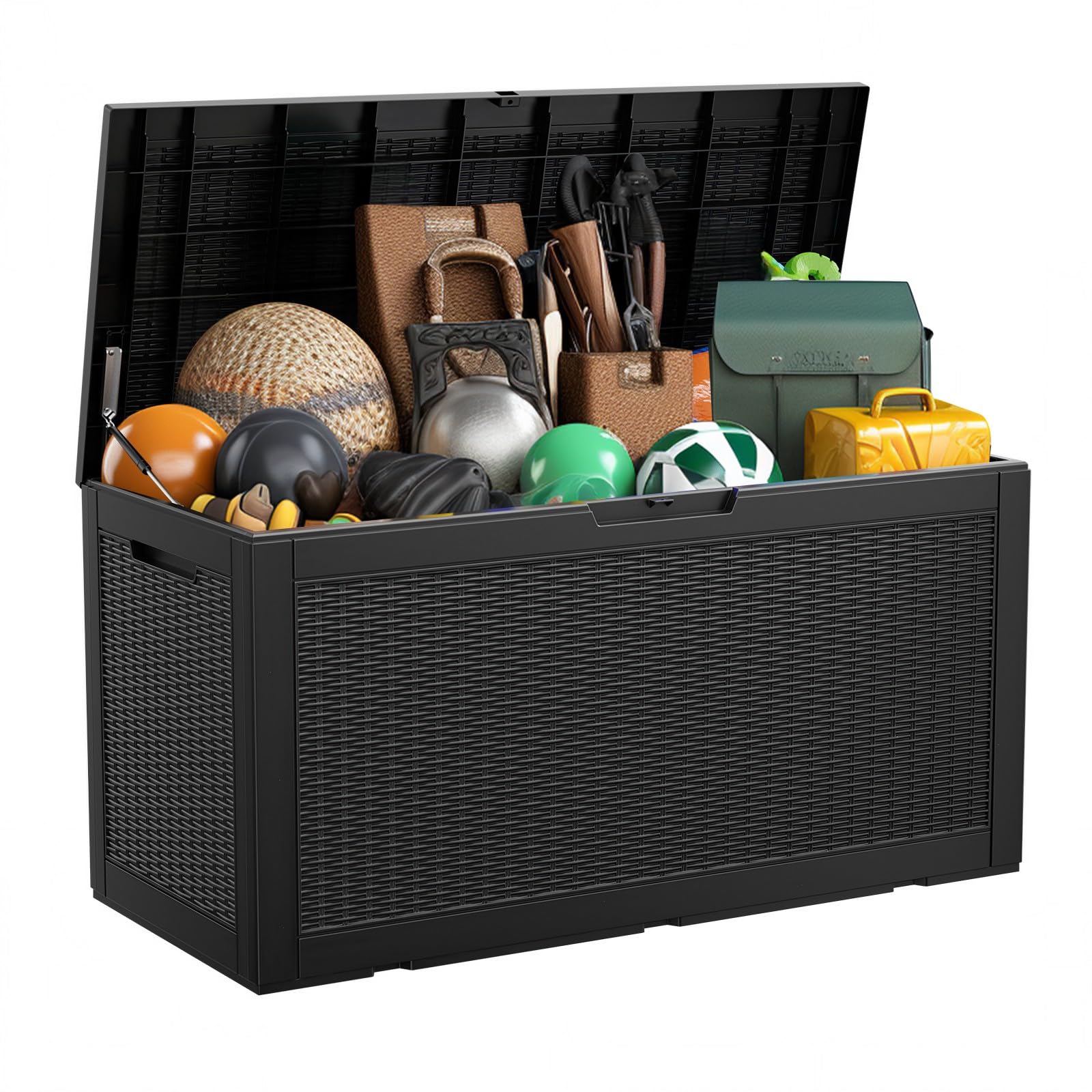 deck box,100-gallon indoor and outdoor storage box made of waterproof and sun-resistant resin material, meeting storage needs for the living room, patio, swimming pool, and toolshed（black）