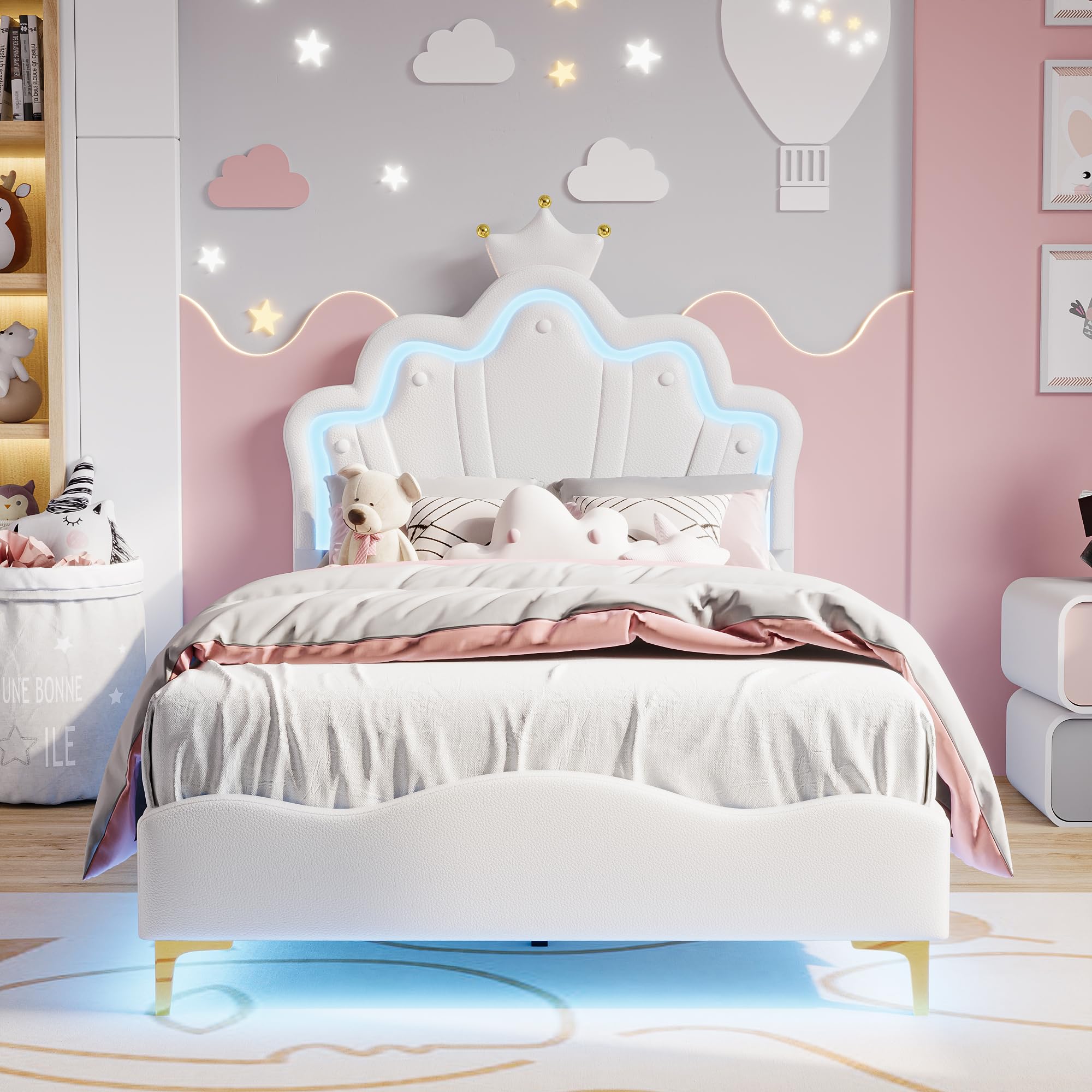 Lit Enfant 90x200 Avec Tête De Lit Couronne Réglable Et LED - Blanc - Avec 1 Tiroir De Rangement - Sans Matelas