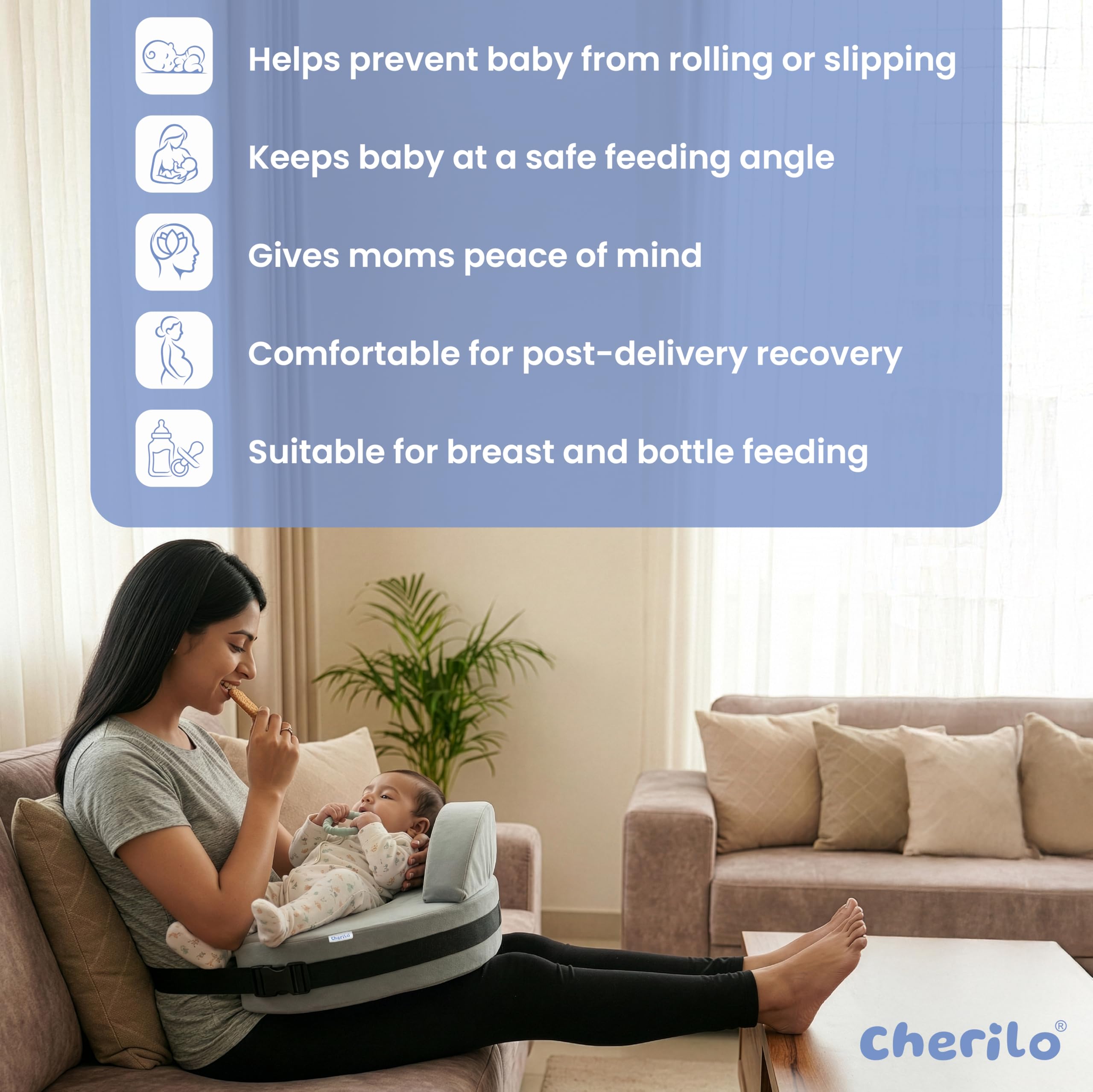 Cherilo Feeding Pillow for New Born Baby | Breast Feeding Pillow & Bottle Feeding Support Pillows with Safety Fence Design | Adjustable Waist Belt | Soft Removable Velvet Cover – Grey 3