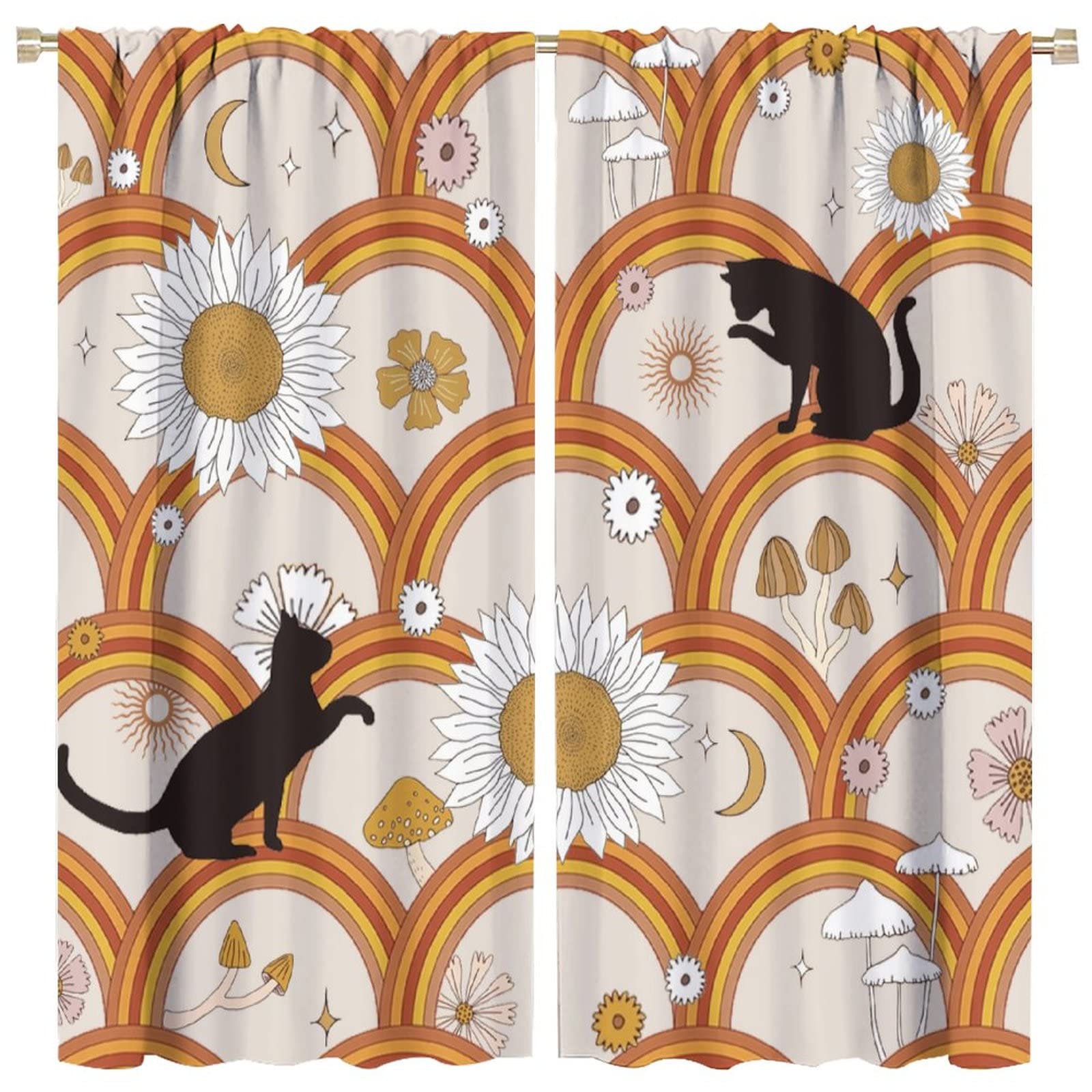 Retro Rainbow Cat Curtain,Vintage Mushroom Daisy Black Kitten Abstract 70s 80s Boho Style Room Darkening Door Window Rod Pocket Curtain for Living Room Bedroom W52xL84in