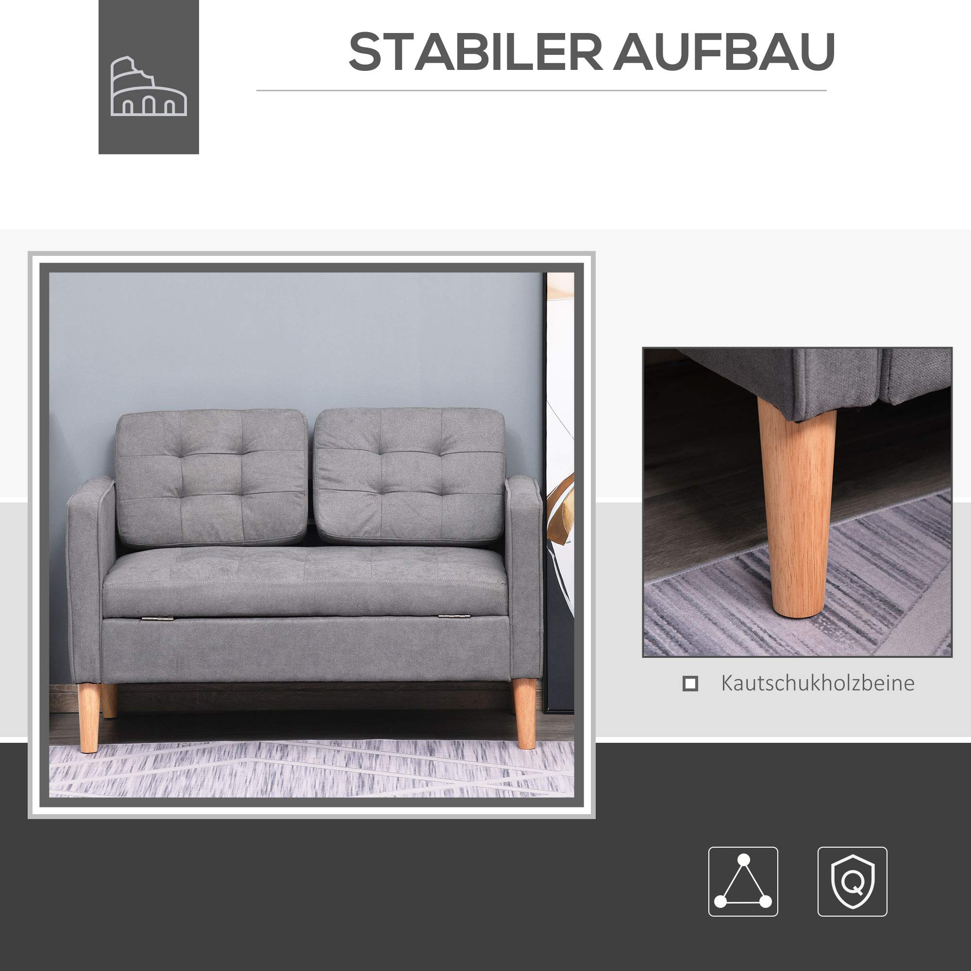 HOMCOM 2 Sitzer Sofa, Couch mit Stauraum, Holzbeine, Gepolsterter Polstersofa mit Samtoptik für Wohnzimmer, Schlafzimmer, 117x 62 x 78 cm, Grau