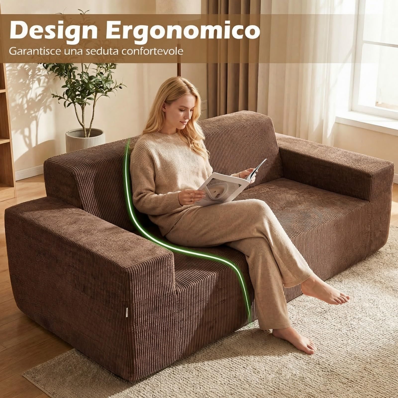 COSTWAY Divano a 3 Posti in Velluto a Coste, Divano Senza Ossatura con Schienale Alto, Braccioli Larghi e Seduta Profonda per Soggiorno, Appartamento e Camera da Letto, 197x97x69 cm