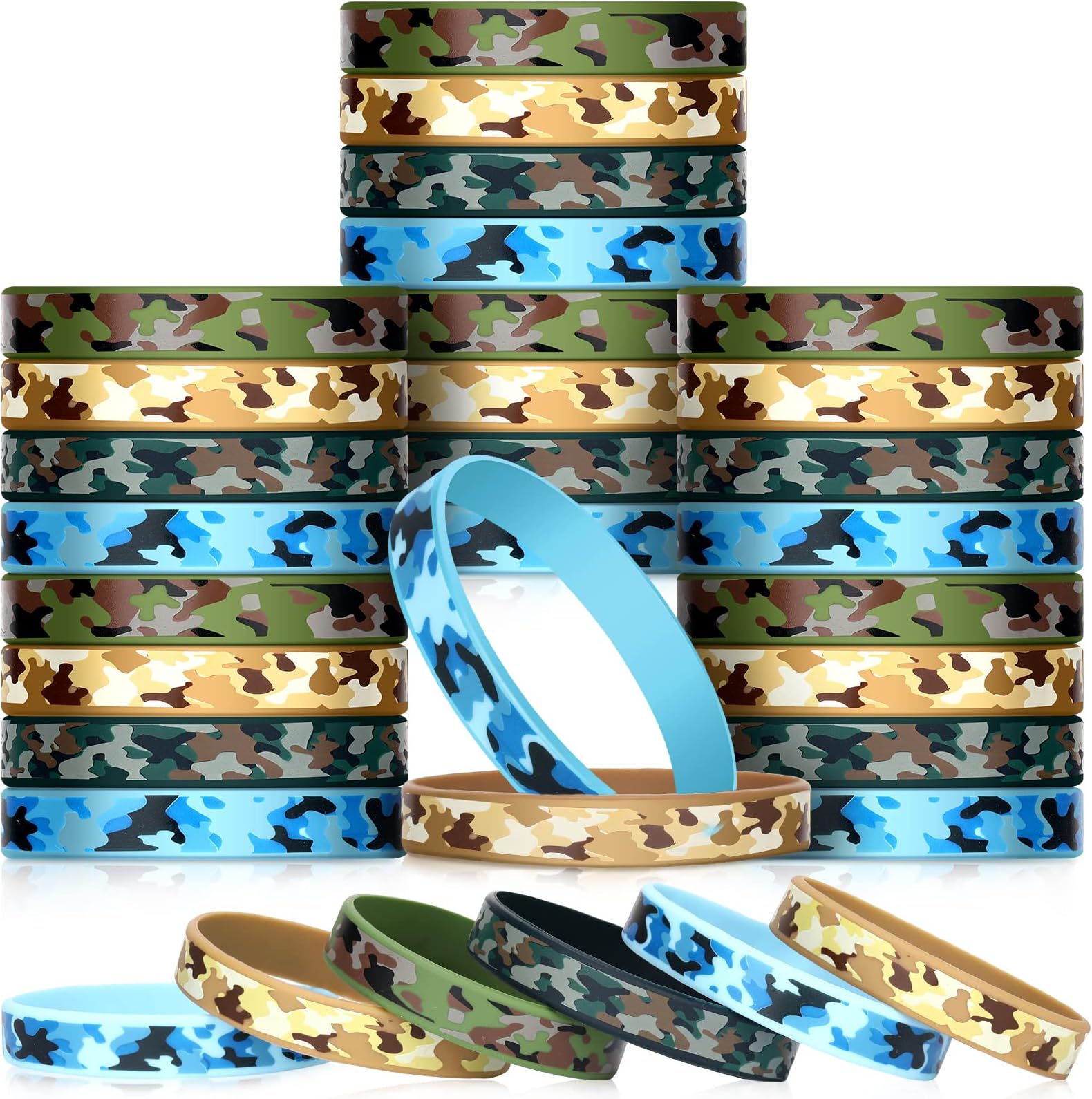 24 Packs Camouflage Rubber Bracelets Camouflage Military Assorted Wristbands Green